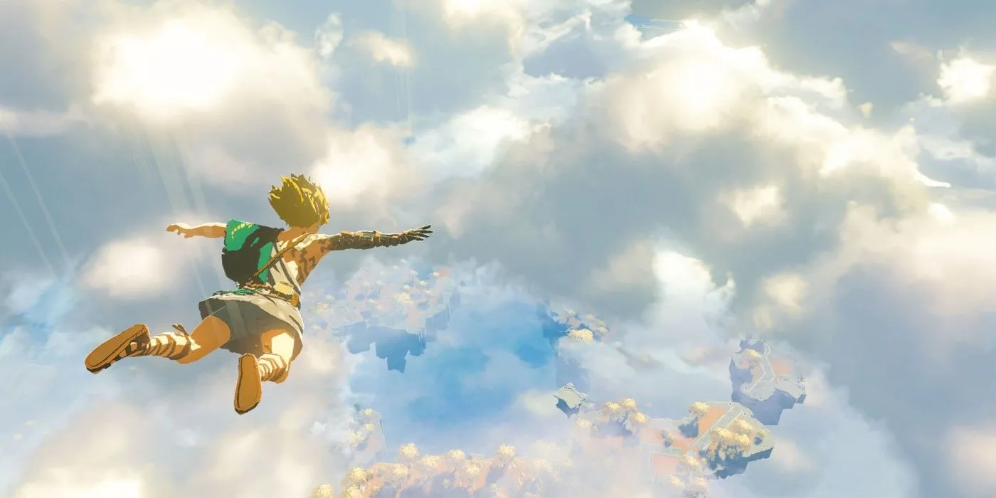 Link rơi từ quần đảo trên trời xuống Hyrule trong The Legend of Zelda Tears of the Kingdom