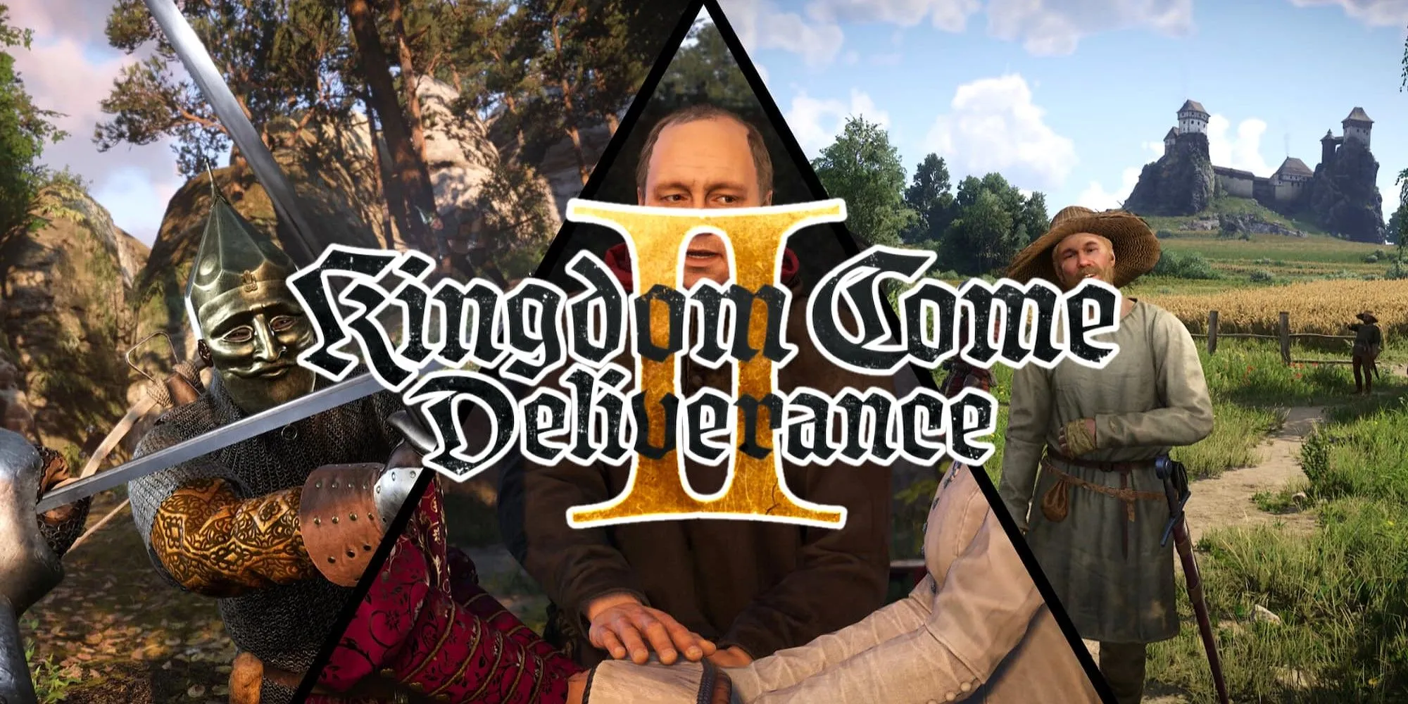 Hướng Dẫn Alchemy Kingdom Come Deliverance 2: Toàn Bộ Công Thức 1 Logo Kingdom Come Deliverance 2 trên nền nhiều cảnh quay đặc sắc trong game