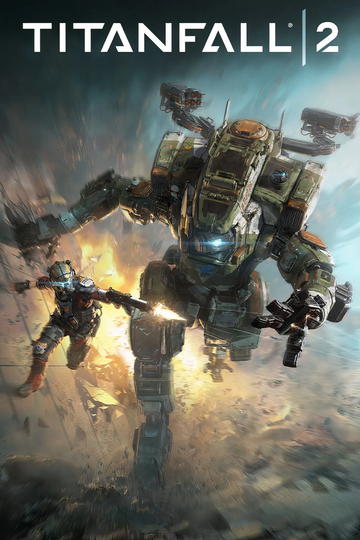Logo Titanfall 2 cùng hình ảnh một Pilot và Titan đặc trưng của dòng game