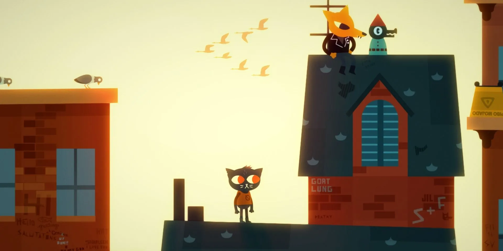Mae và Gregg trên những mái nhà trong Night in the Woods, một khoảnh khắc thân thiết.