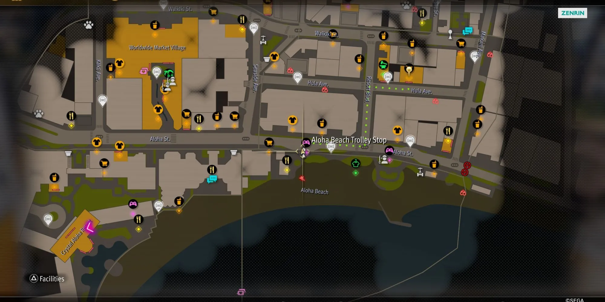 Majima đứng trước trạm xe điện Aloha Beach, chuẩn bị bắt đầu minigame Sicko Snap trong Like a Dragon: Pirate Yakuza in Hawaii.