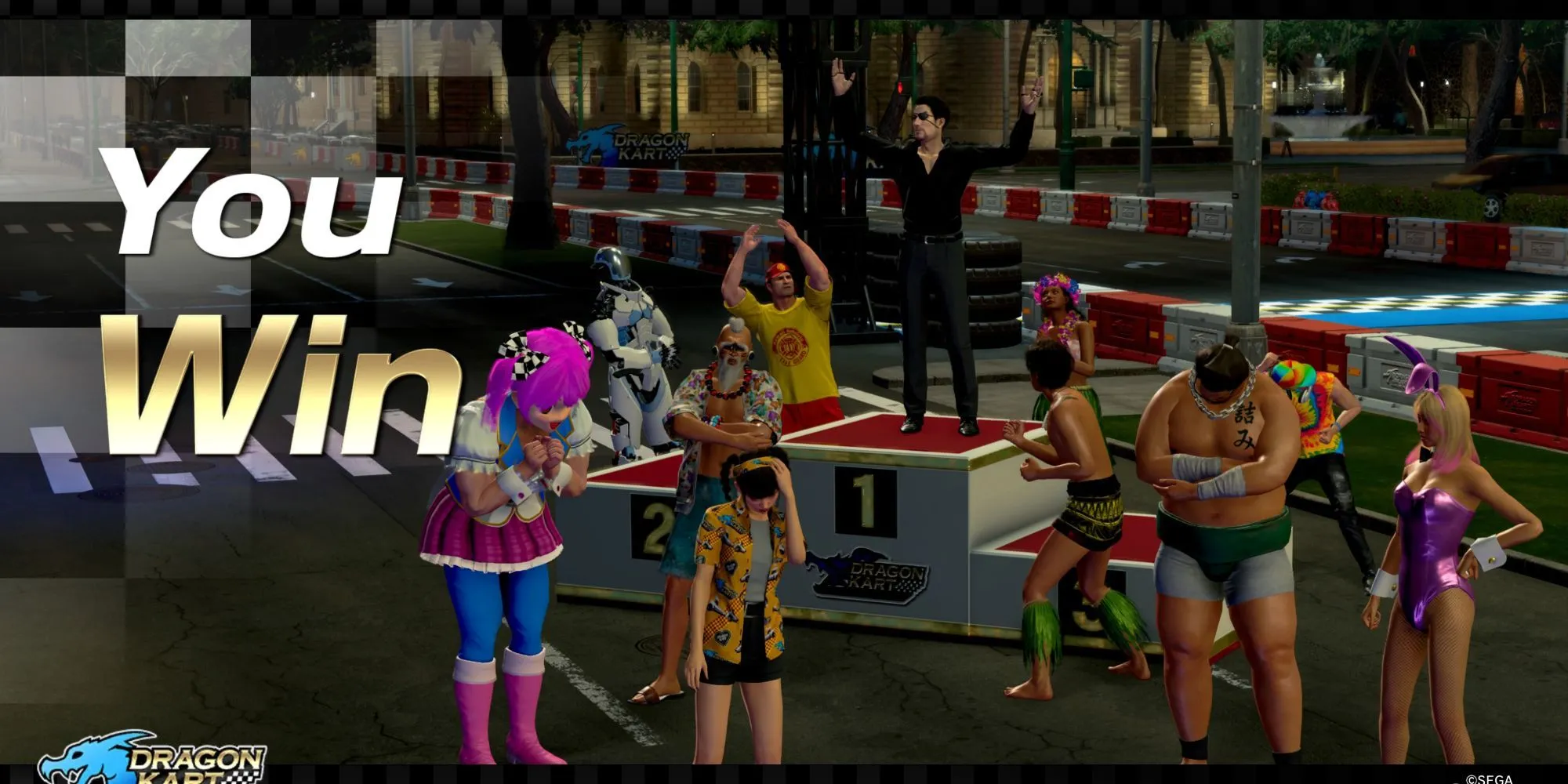 Majima và nhóm bạn ăn mừng chiến thắng Dragon Kart tại Hawaii