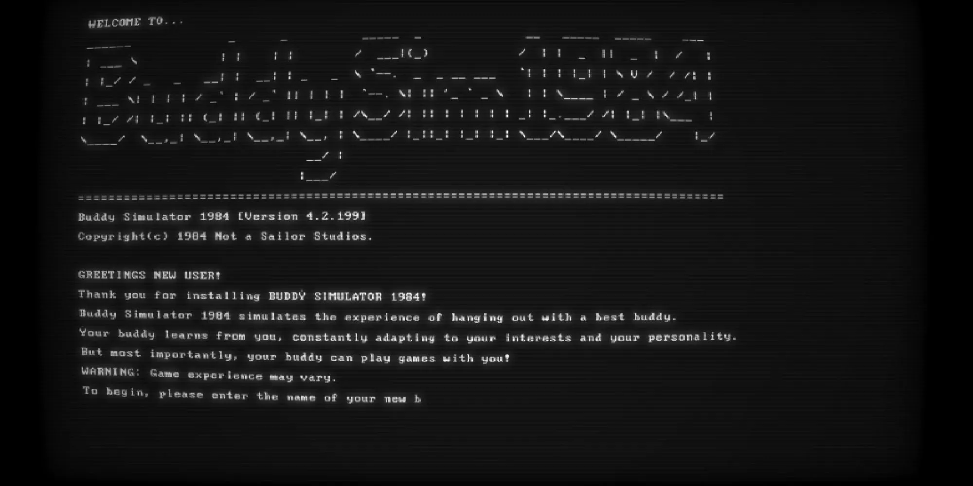 Màn hình tiêu đề mang phong cách retro của game text-based Buddy Simulator 1984