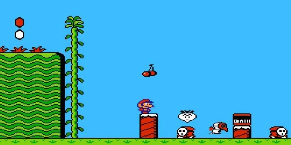 Mario đứng trên khúc gỗ tại map thế giới trong Super Mario Bros. 2.