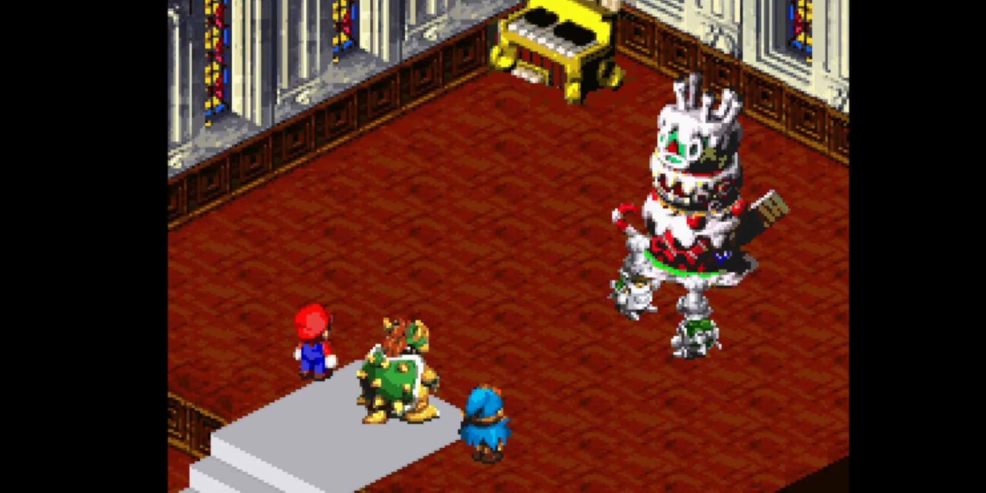 Mario, Mallow và Geno trong một trận chiến theo lượt của Super Mario RPG với giao diện đặc trưng
