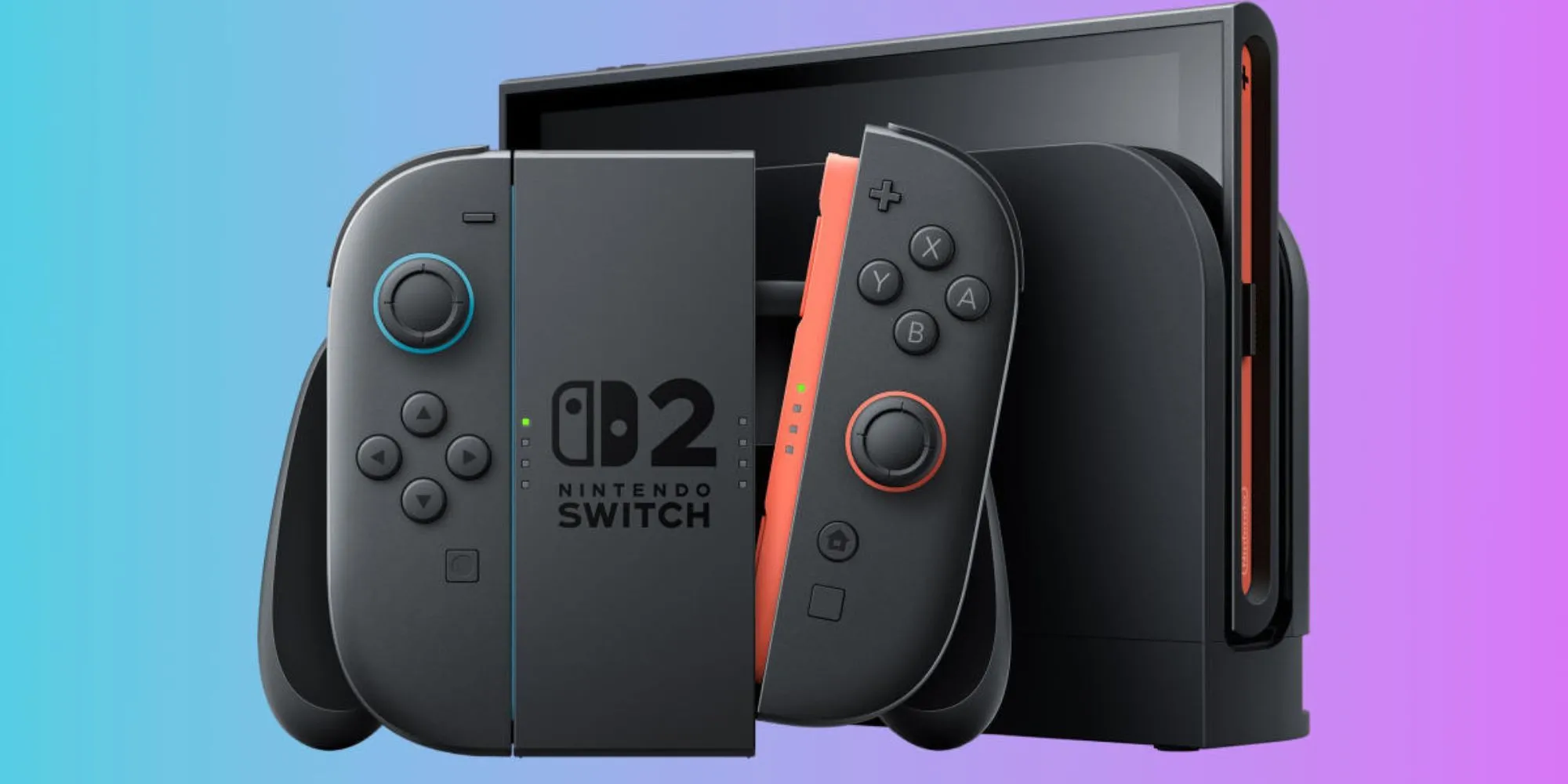 Máy Nintendo Switch 2 cùng Joy-Con trên nền trừu tượng thể hiện thiết kế hiện đại