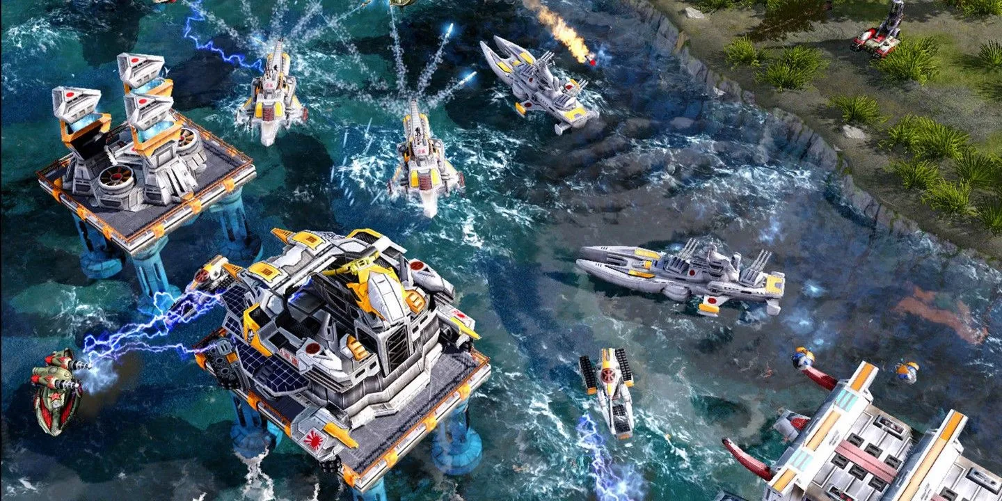 Một cảnh chiến đấu hoành tráng trong game Red Alert 3 với các đơn vị quân đặc trưng