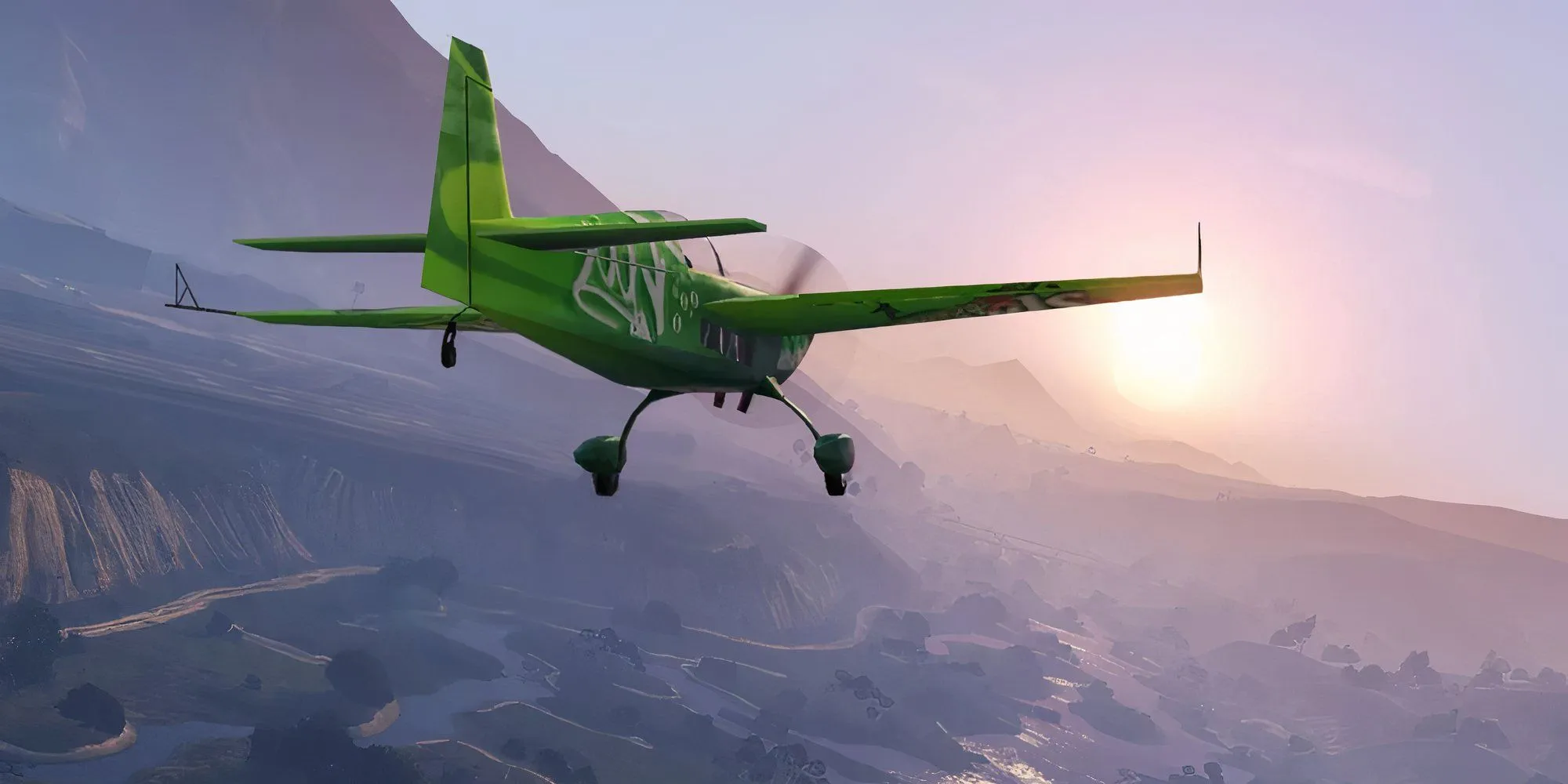 Một chiếc máy bay đang bay lượn trên bầu trời thành phố Los Santos trong Grand Theft Auto 5.