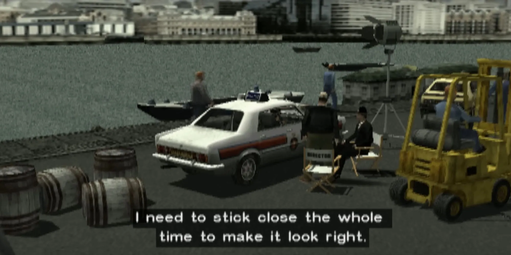 Một chiếc xe hơi thực hiện pha nguy hiểm bay qua nóc xe khác trong game Stuntman trên PS2
