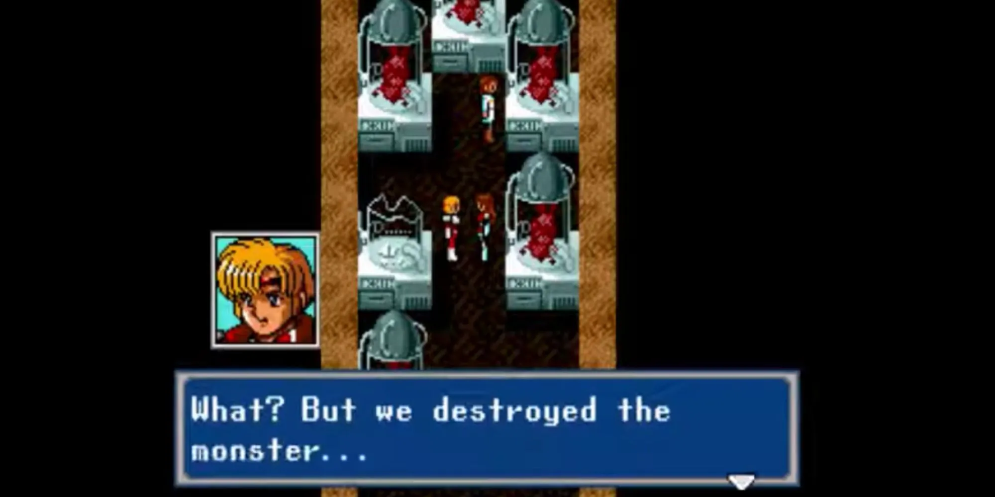 Một đoạn hội thoại theo phong cách truyện tranh trong Phantasy Star IV thể hiện cốt truyện đậm chất anime