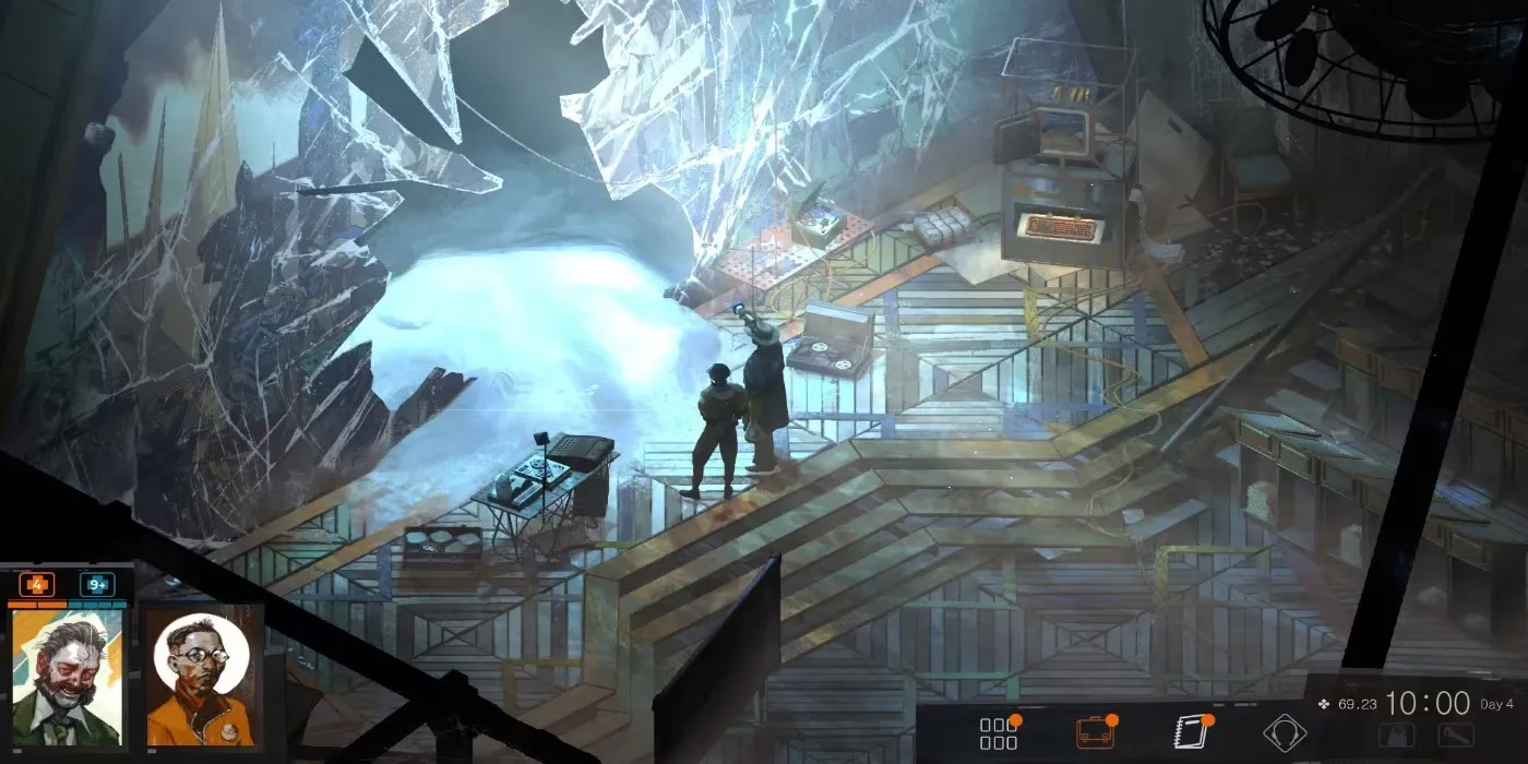 Một hình ảnh gameplay từ tựa game Disco Elysium với nhân vật chính đứng giữa khung cảnh đô thị đổ nát.