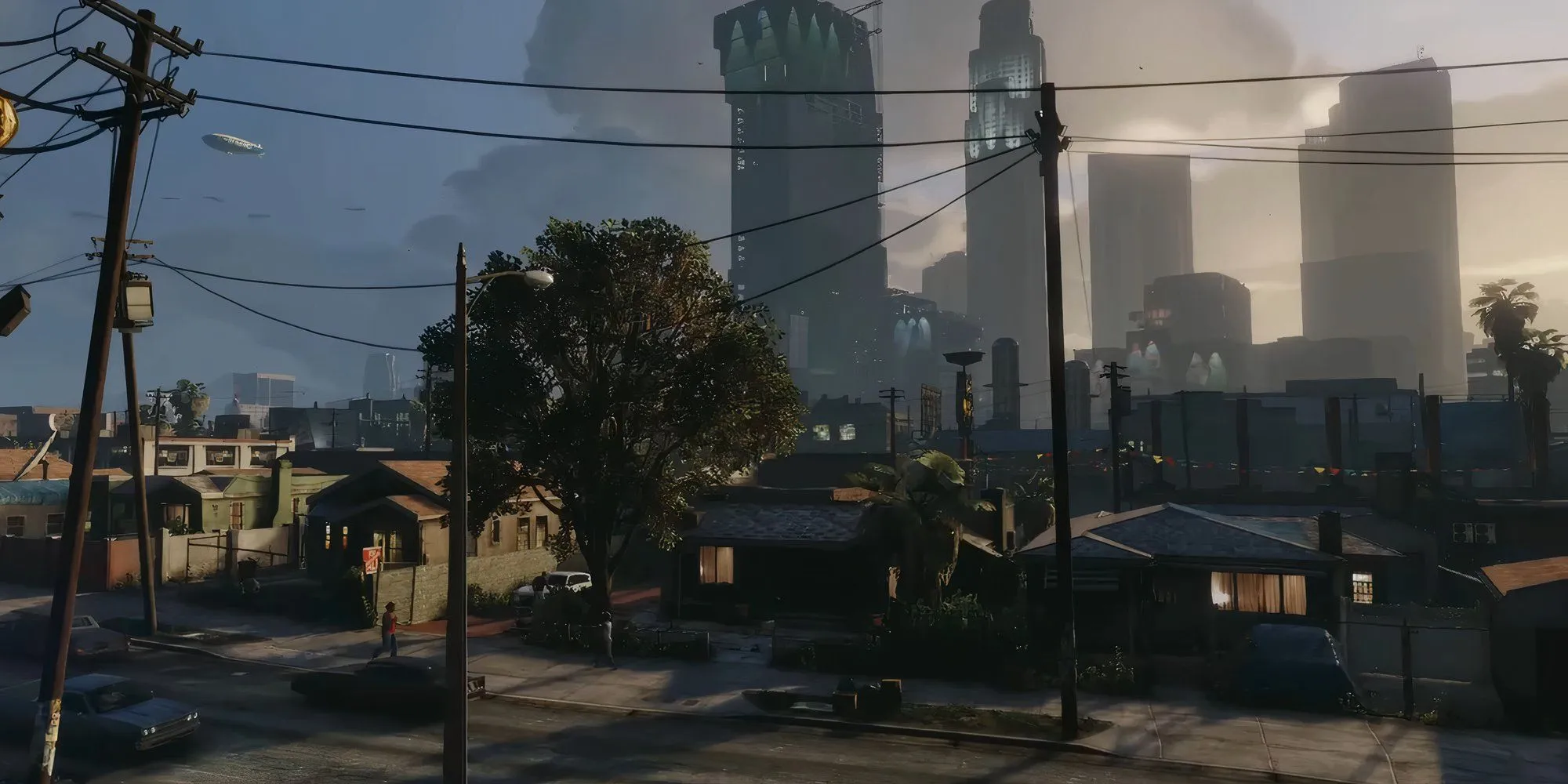 Một khung cảnh đường phố Los Santos trong GTA V với nhiều phương tiện và tòa nhà cao tầng.