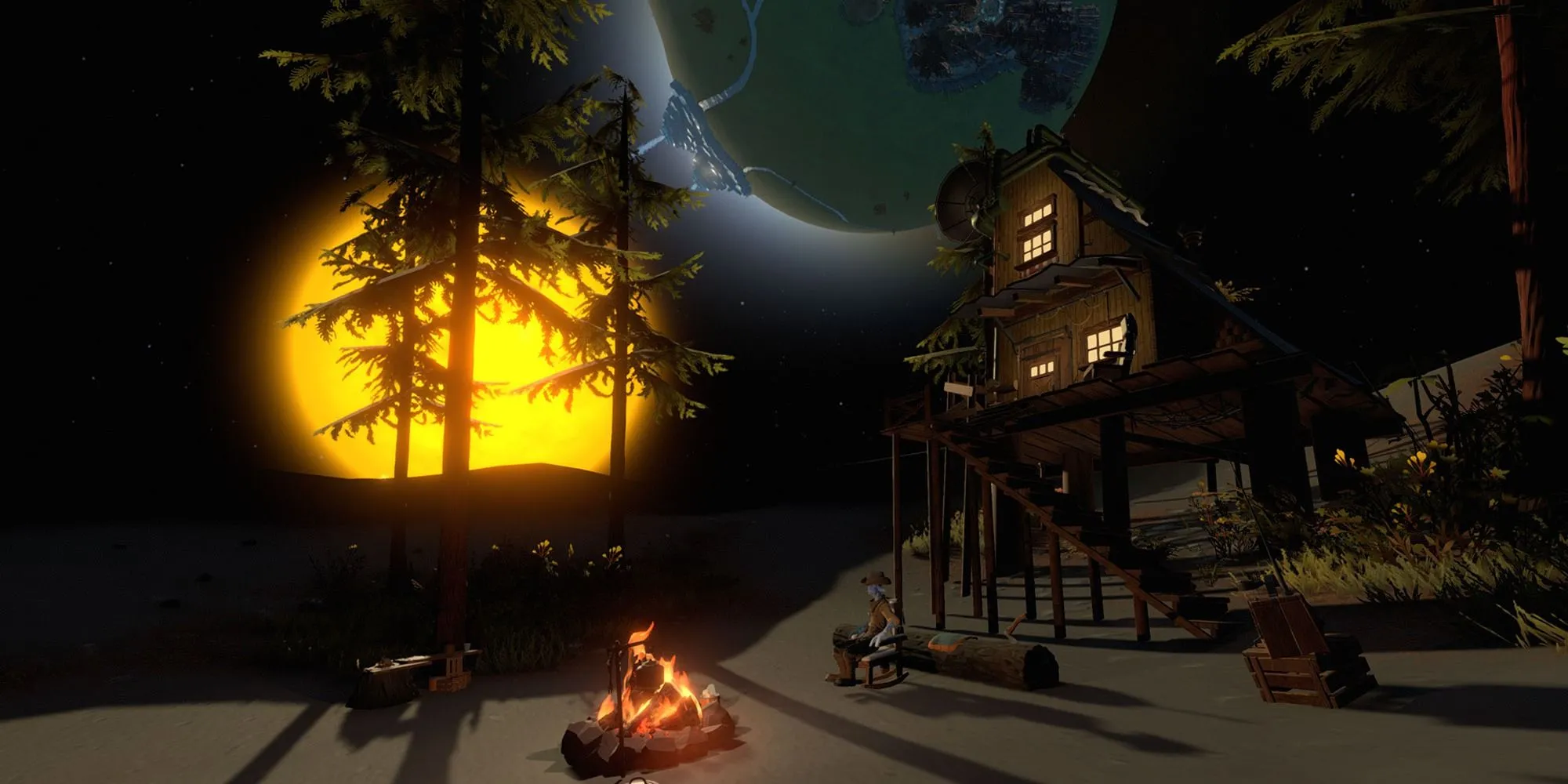 Một phi hành gia đứng trên một hành tinh nhỏ, nhìn về phía các thiên thể khác trong không gian bao la của Outer Wilds