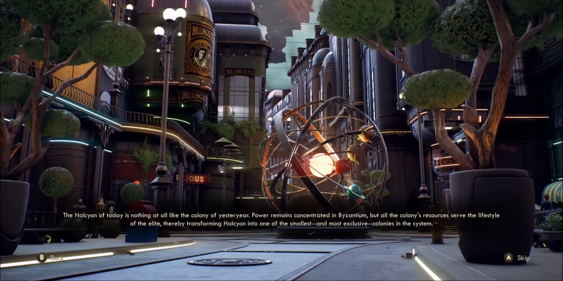 Một slide kết thúc game The Outer Worlds cho thấy thành phố Byzantium vẫn xa hoa nhưng tương lai mờ mịt khi chọn phe Hội Đồng