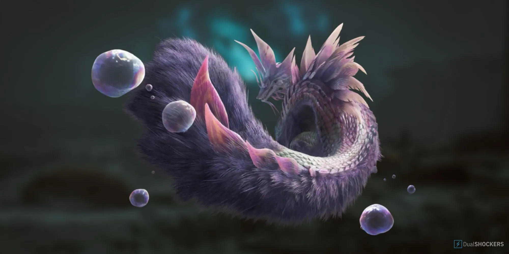 Một thợ săn đối đầu với Mizutsune trong Monster Hunter Wilds
