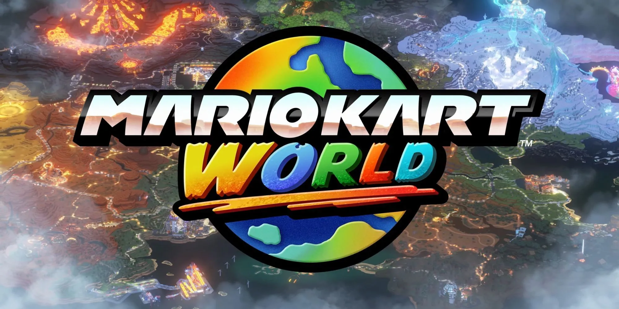 Một vòng đua trong Mario Kart World với nhiều tay đua và hiệu ứng đặc biệt