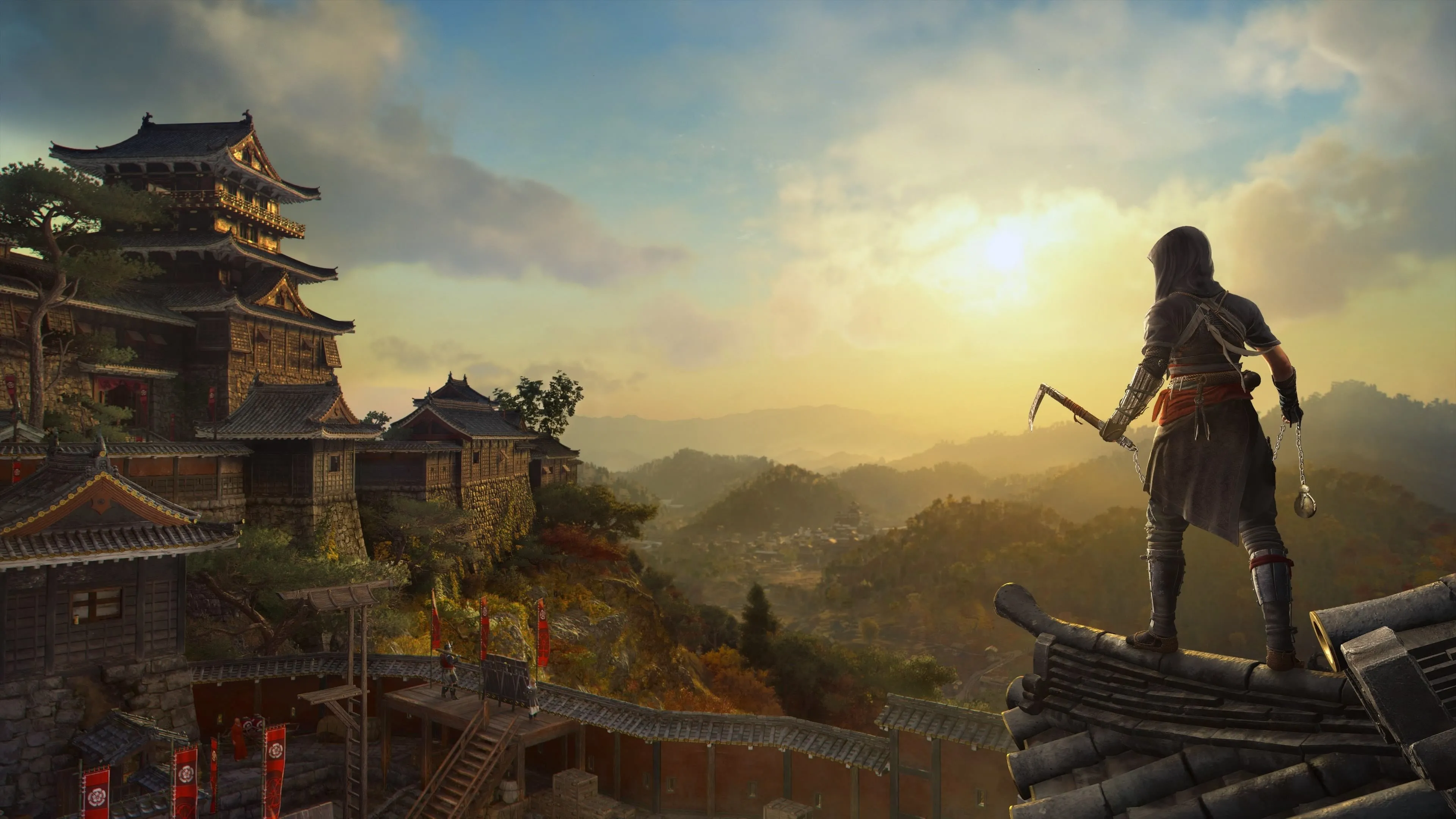 Naoe đứng giữa khung cảnh núi non Nhật Bản trong Assassin's Creed Shadows