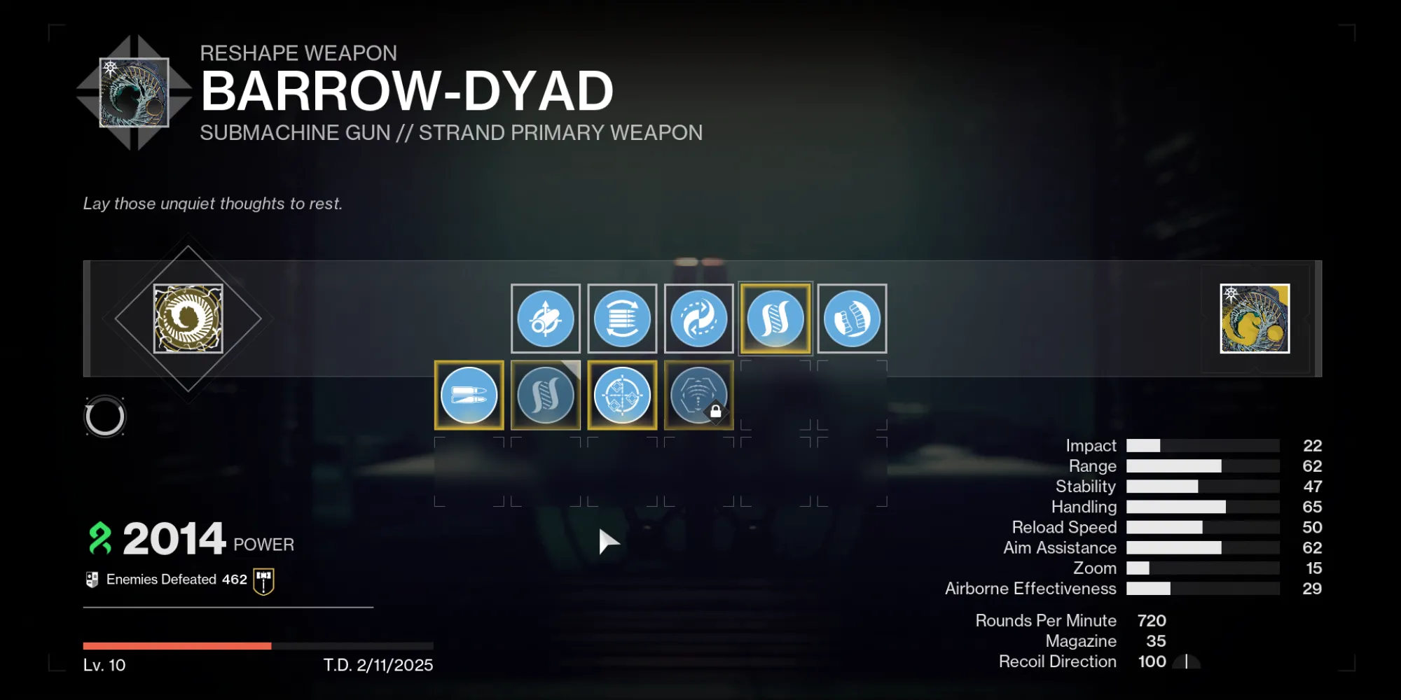 Người chơi Destiny 2 trang bị vũ khí Exotic Barrow-Dyad với các lựa chọn Catalyst