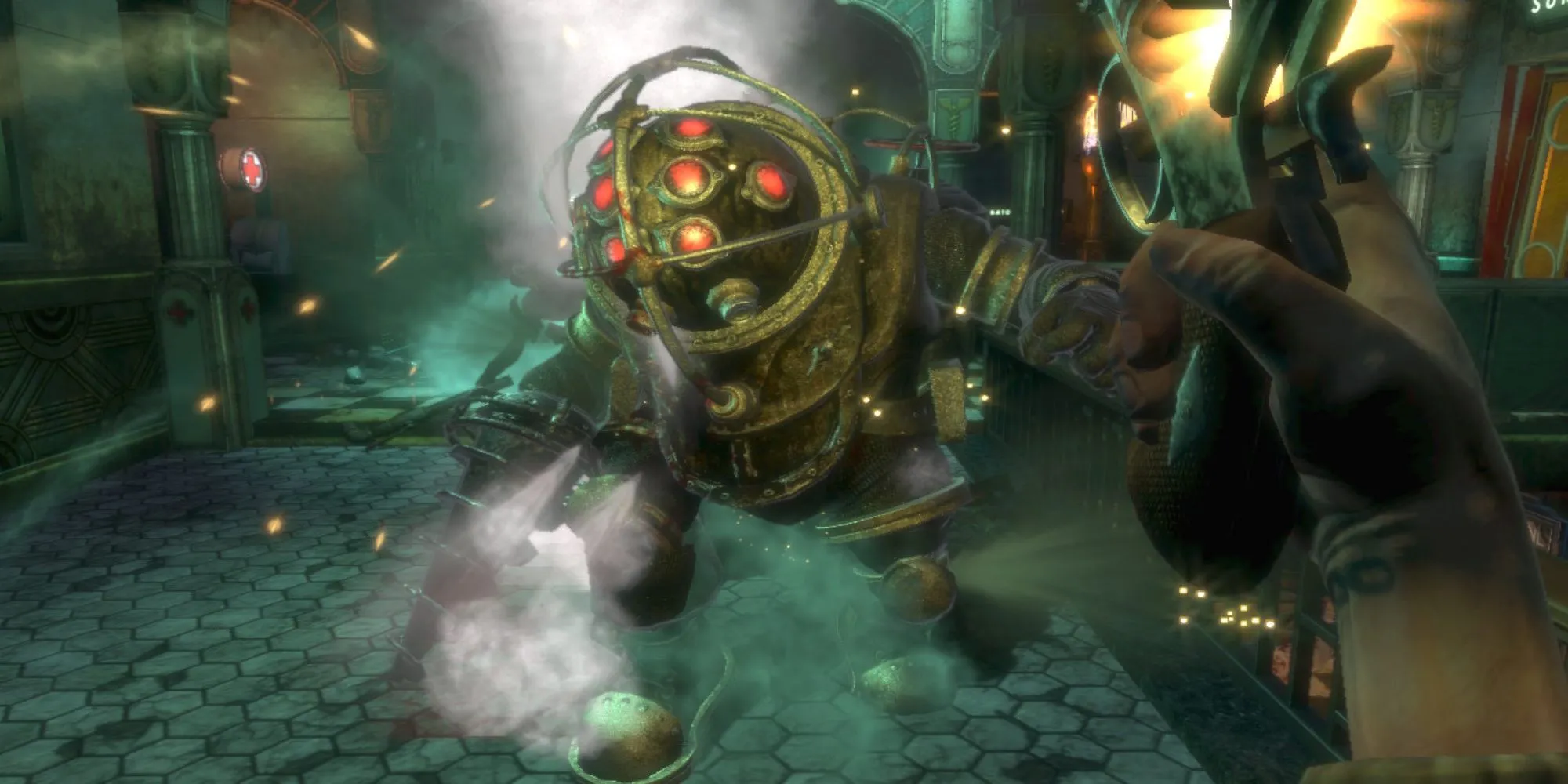 Người chơi đối đầu Big Daddy trong thành phố dưới nước Rapture của BioShock