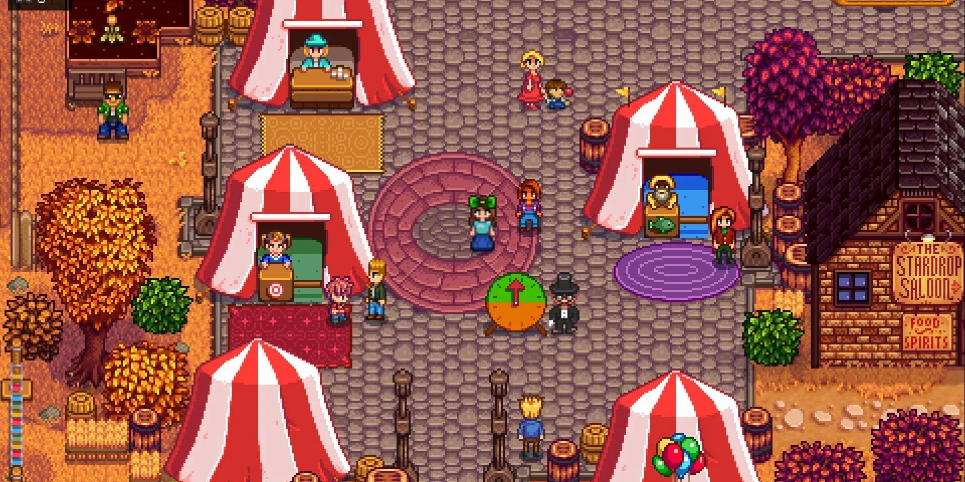 Người chơi đứng trước vòng quay may mắn tại Hội chợ Stardew Valley