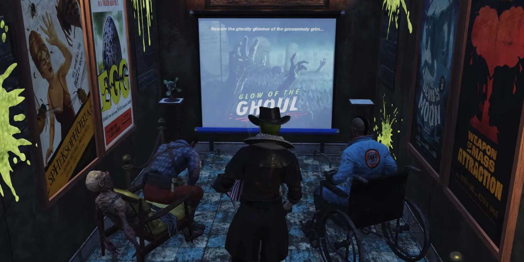 Người chơi Ghoul trong Fallout 76 tại rạp chiếu phim với poster Glow of the Ghoul