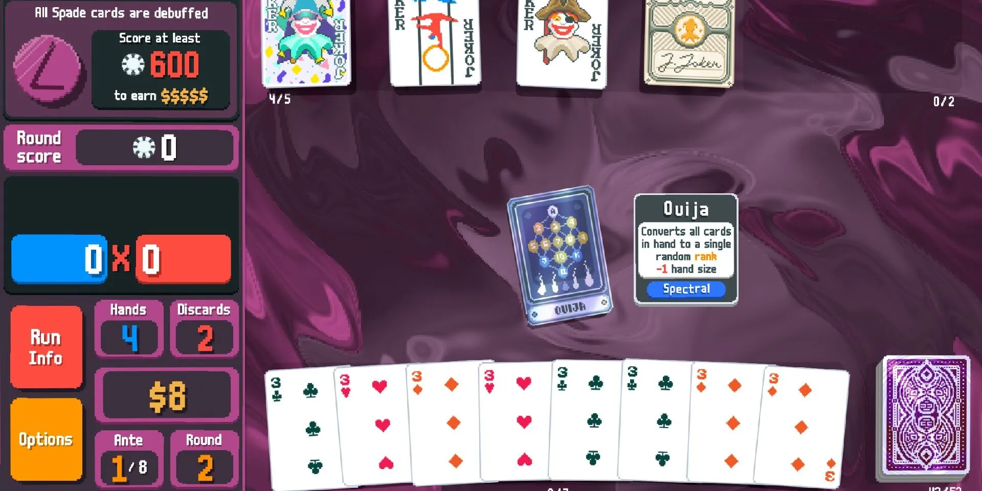 Người chơi sử dụng lá bài Ouija đặc biệt trong game thẻ bài Balatro