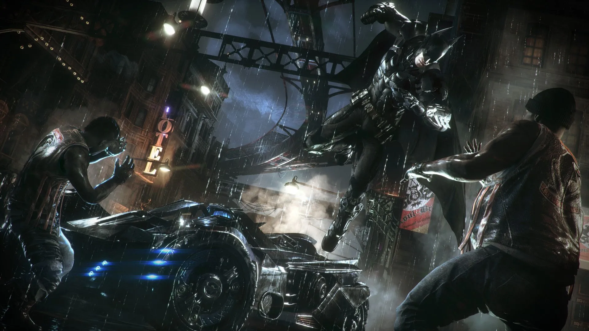 Người Dơi đối đầu với nhiều kẻ thù trong một phân cảnh game Batman Arkham
