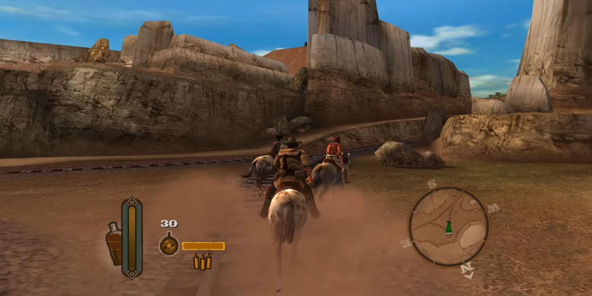 Nhân vật chính Colton White cưỡi ngựa khám phá miền Tây hoang dã trong game Gun trên PS2