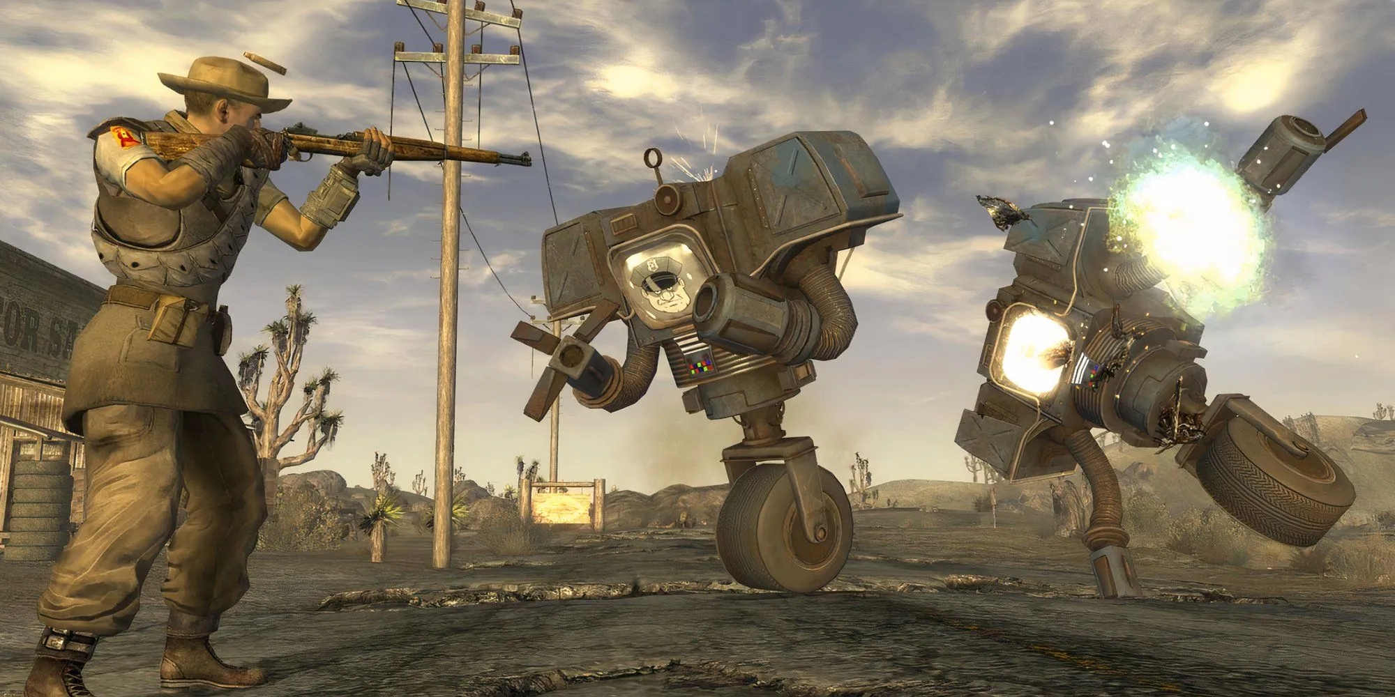 Top 10 Game Thế Giới Mở Cốt Truyện Sâu Sắc Đáng Khám Phá 1 Nhân vật chính Fallout New Vegas đang ngắm bắn kẻ địch bằng shotgun trong một trận chiến ác liệt