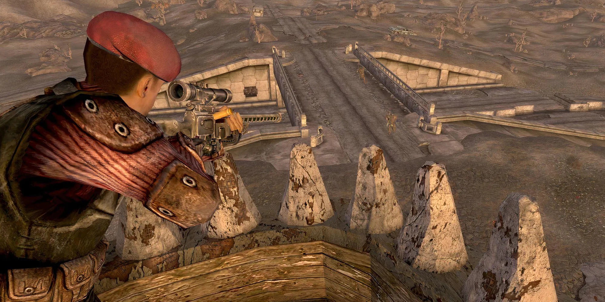 Nhân vật chính Fallout New Vegas sử dụng súng bắn tỉa từ trên một tòa tháp cao nhìn xuống