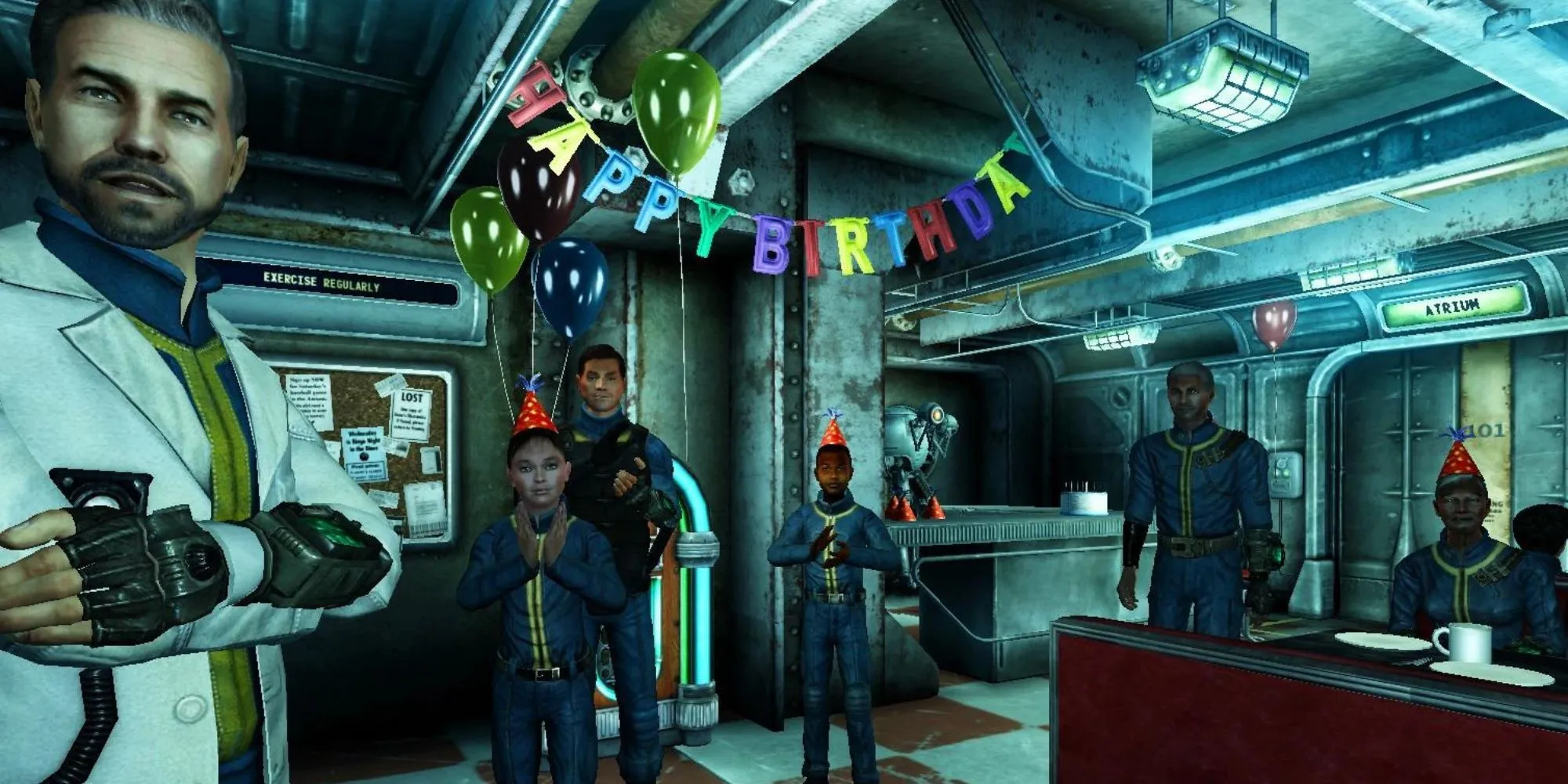 Nhân vật chính Lone Wanderer trong tiệc sinh nhật ở Vault 101 Fallout 3