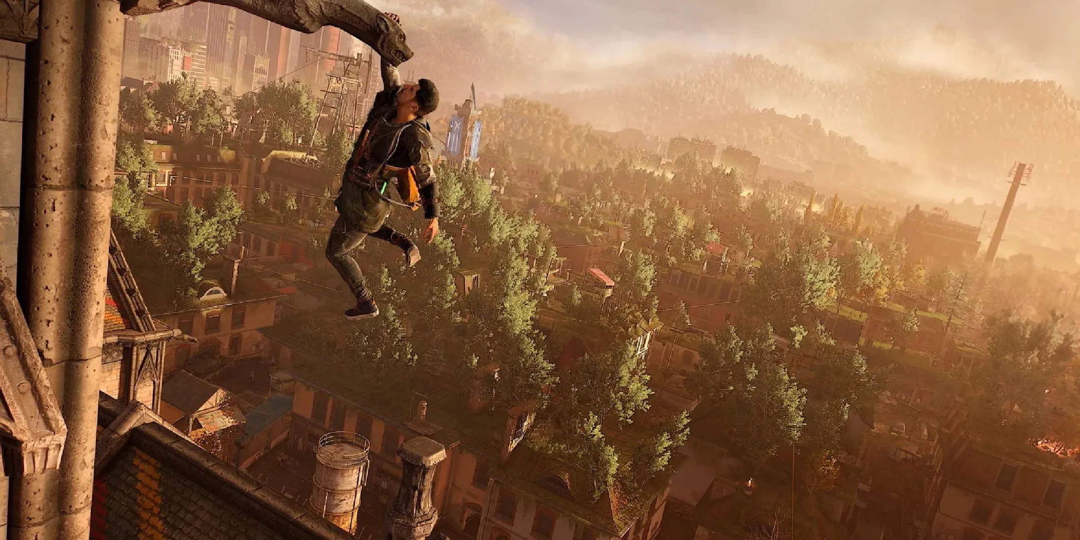 Nhân vật chính parkour qua thành phố hậu tận thế trong Dying Light 2 Stay Human, cảnh quan ấn tượng với PS5 Pro
