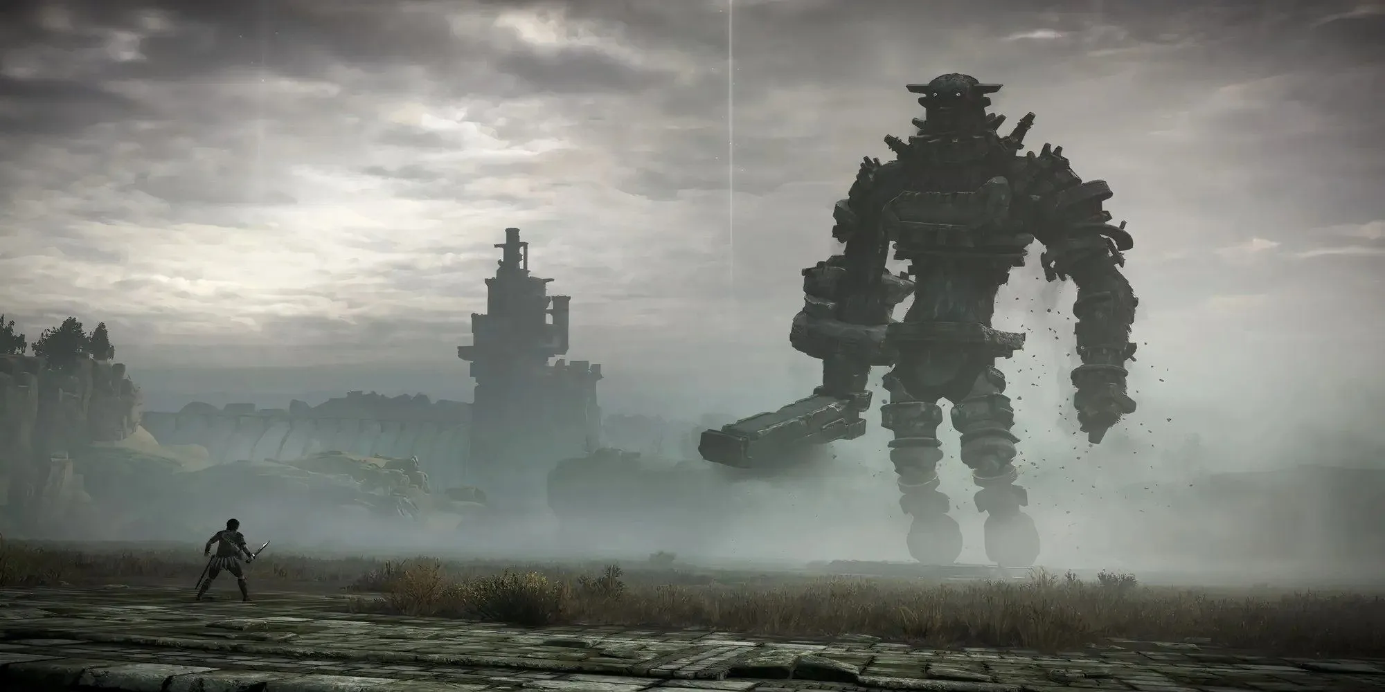 Nhân vật chính Wander đối mặt với một Colossus khổng lồ hùng vĩ