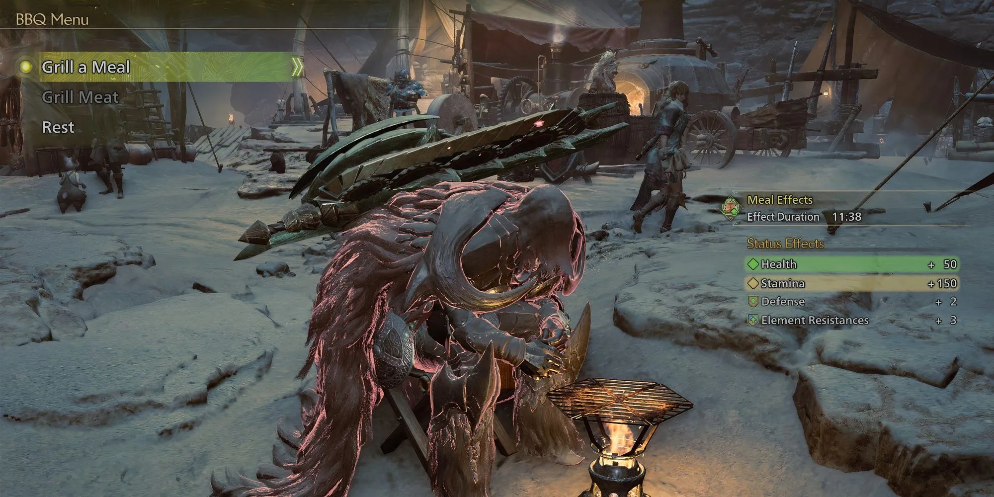 Nhân vật chuẩn bị thức ăn tại khu cắm trại trong Monster Hunter Wilds