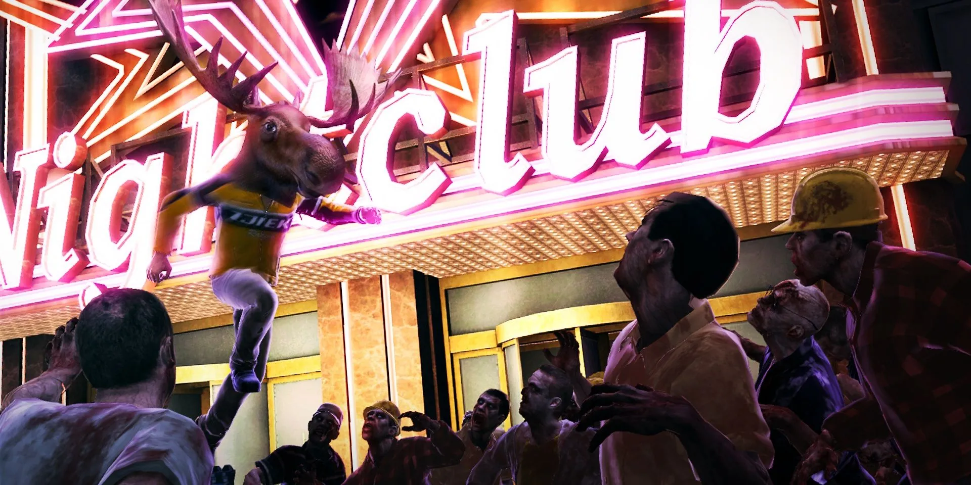 Nhân vật Chuck Greene đội đầu một con nai sừng tấm, nhảy vào một đám đông zombie trong Dead Rising 2