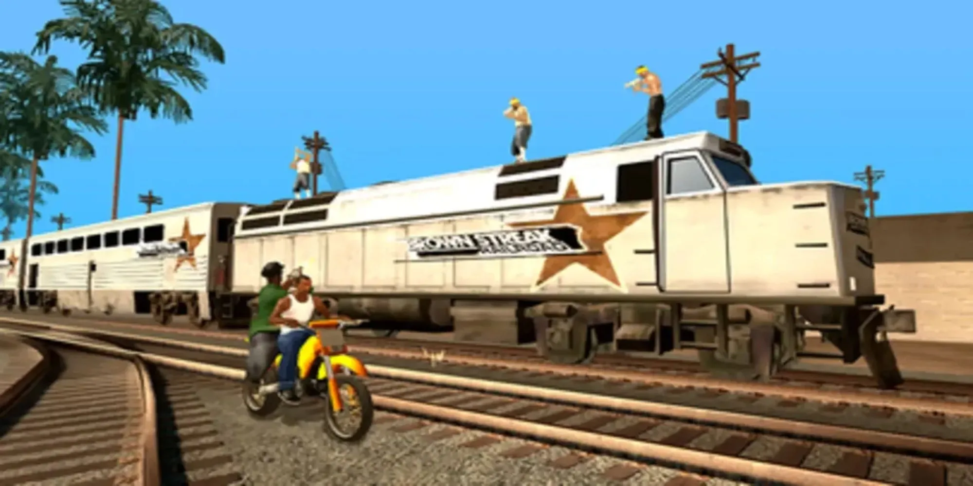Nhân vật CJ trong Grand Theft Auto: San Andreas đứng trước chiếc xe và khung cảnh thành phố