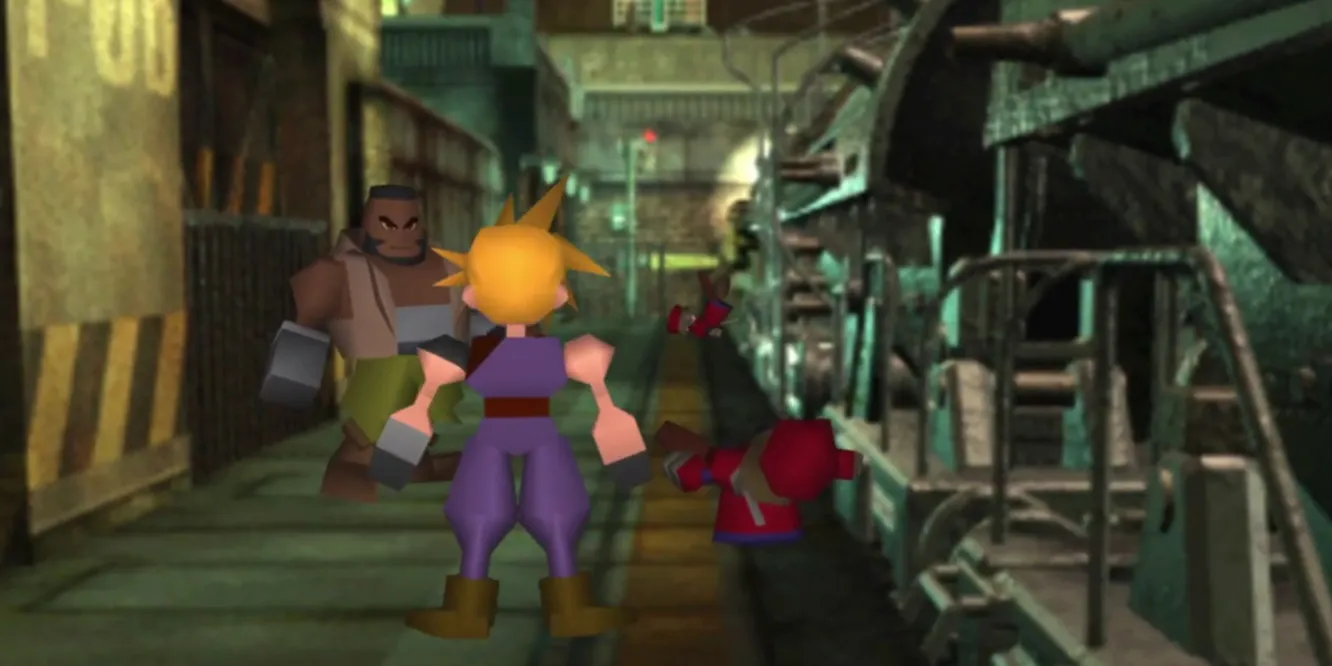 Nhân vật Cloud Strife trong Final Fantasy VII đứng giữa khung cảnh Midgar