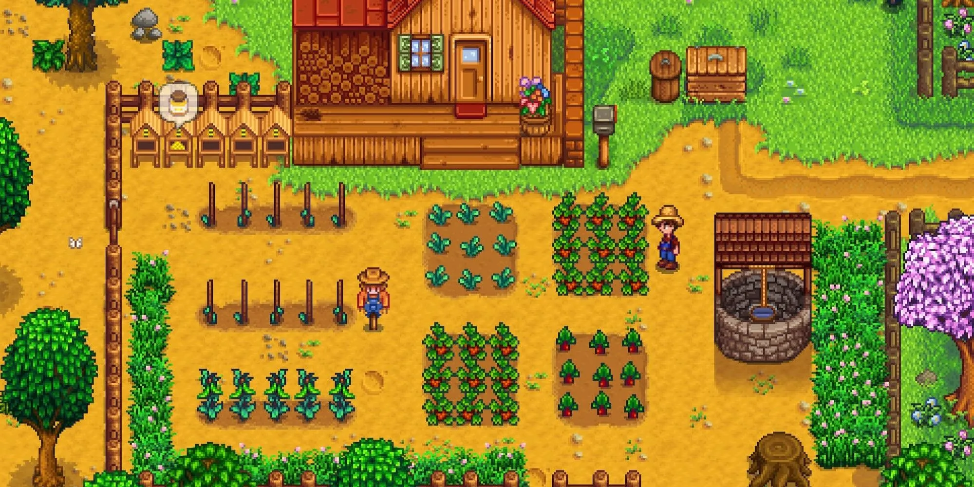 Nhân vật đang chăm sóc trang trại trong Stardew Valley với nhiều loại cây trồng