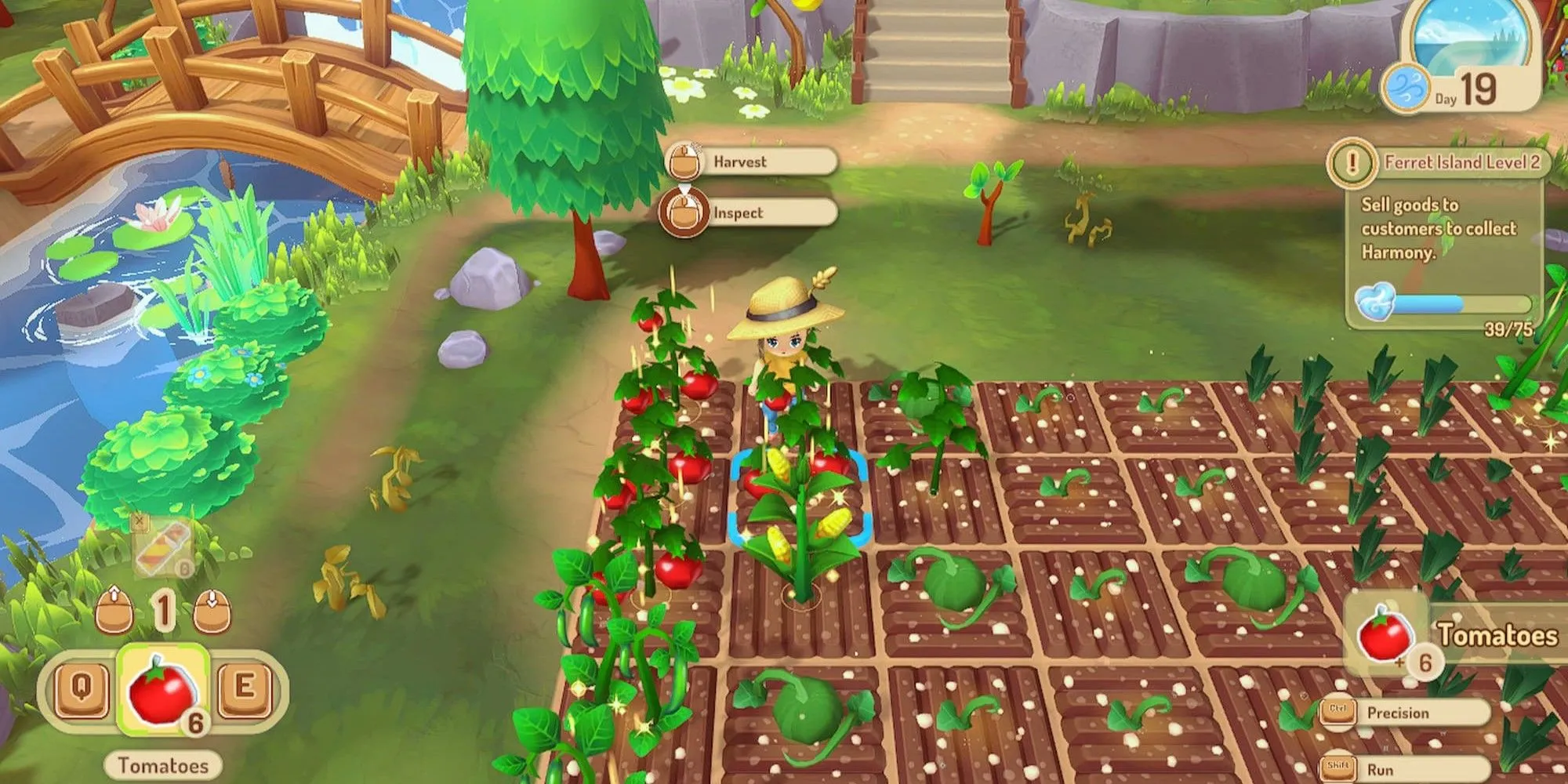 Nhân vật đang thu hoạch nông sản trên cánh đồng trong game Sugardew Island.