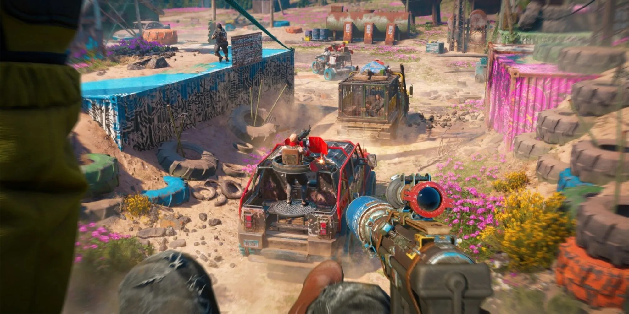 Nhân vật đu dây cáp băng qua khung cảnh hậu tận thế đầy màu sắc trong Far Cry New Dawn