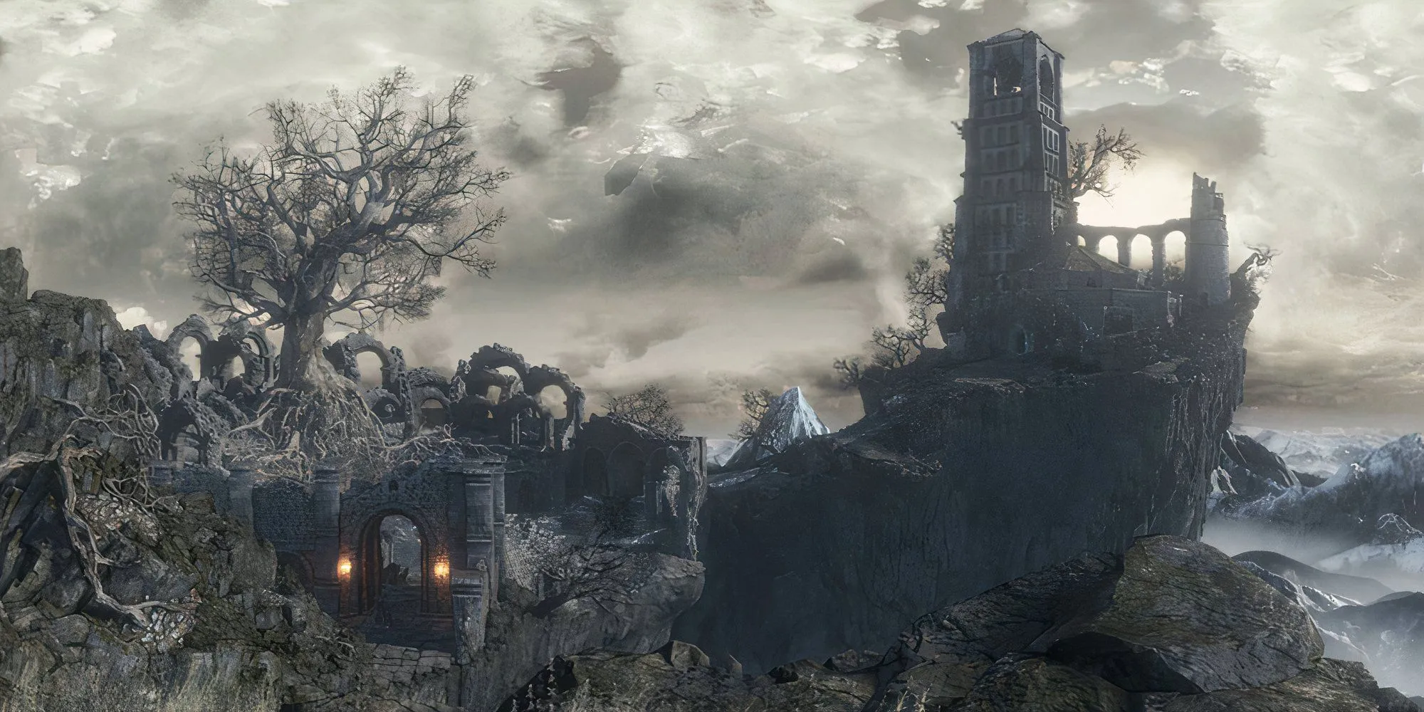 Nhân vật đứng tại Cemetery of Ash trong Dark Souls 3, nhìn về phía Iudex Gundyr và Firelink Shrine xa xăm