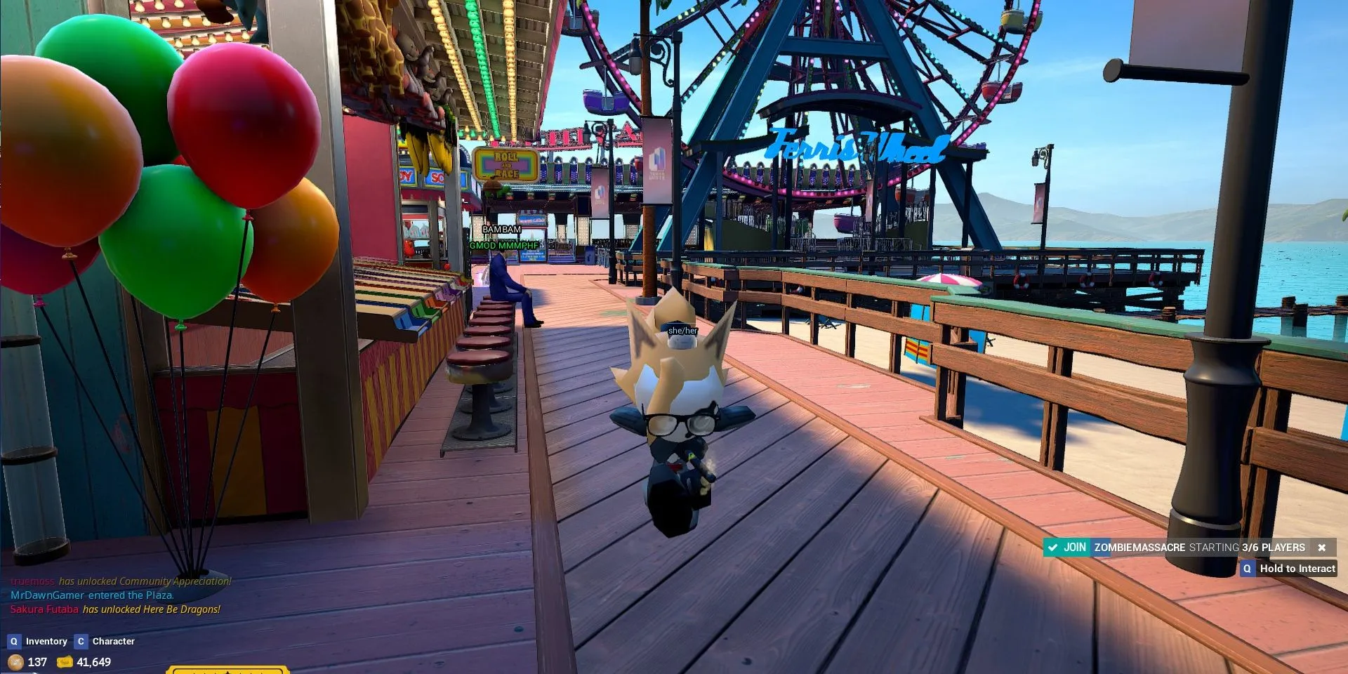 Nhân vật game Tower Unite tùy chỉnh đang nhảy múa trên Boardwalk sôi động cùng bạn bè