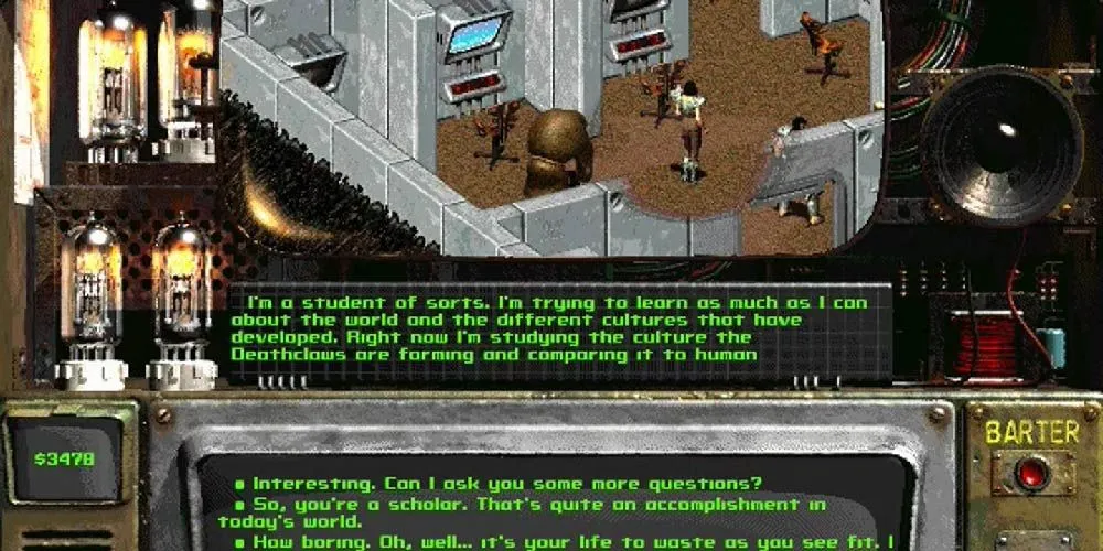 Nhân vật Goris trong Fallout 2 đang thảo luận về văn hóa Deathclaw.