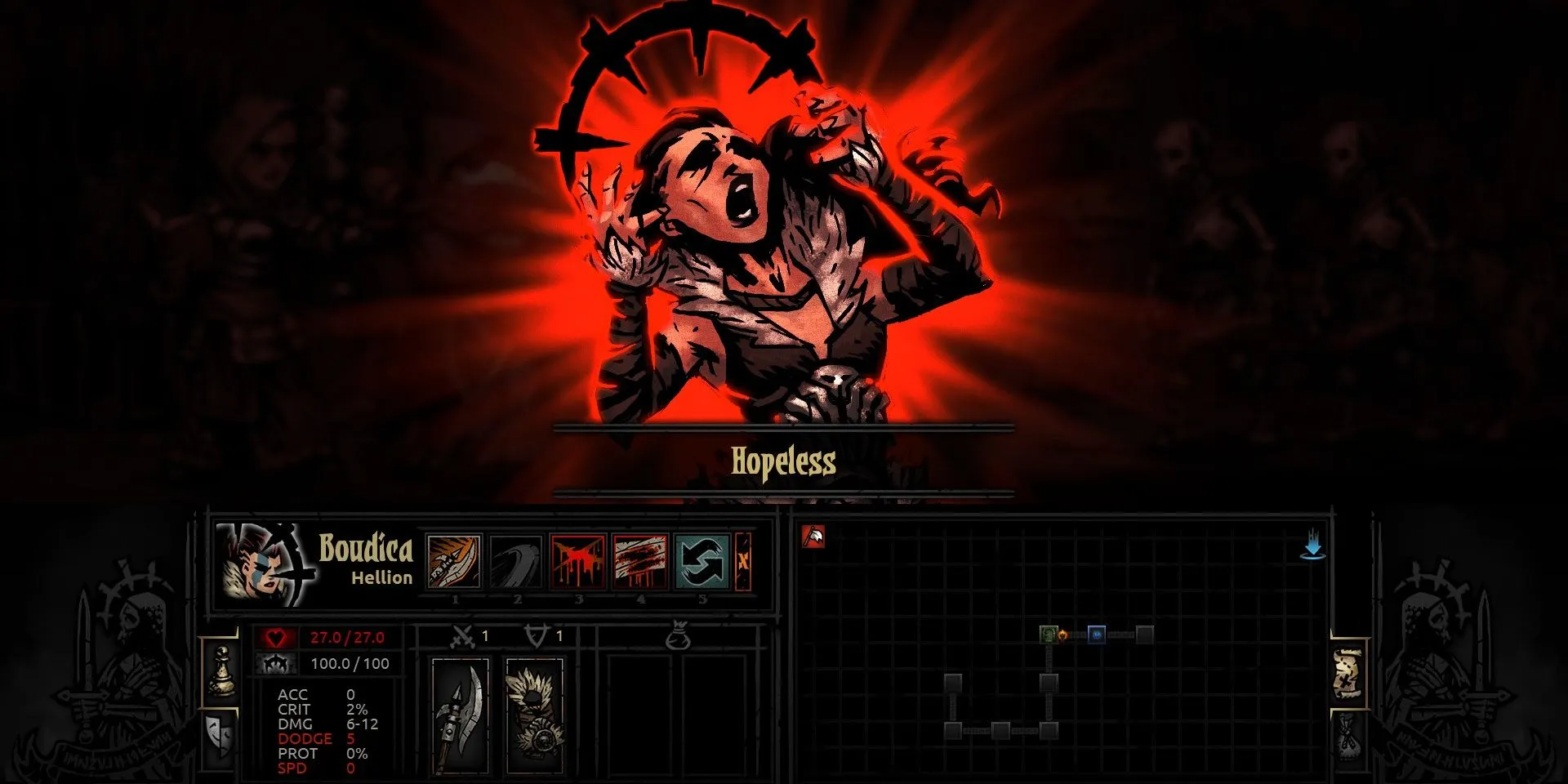 Nhân vật Helion bị ảnh hưởng bởi trạng thái Vô Vọng trong Darkest Dungeon