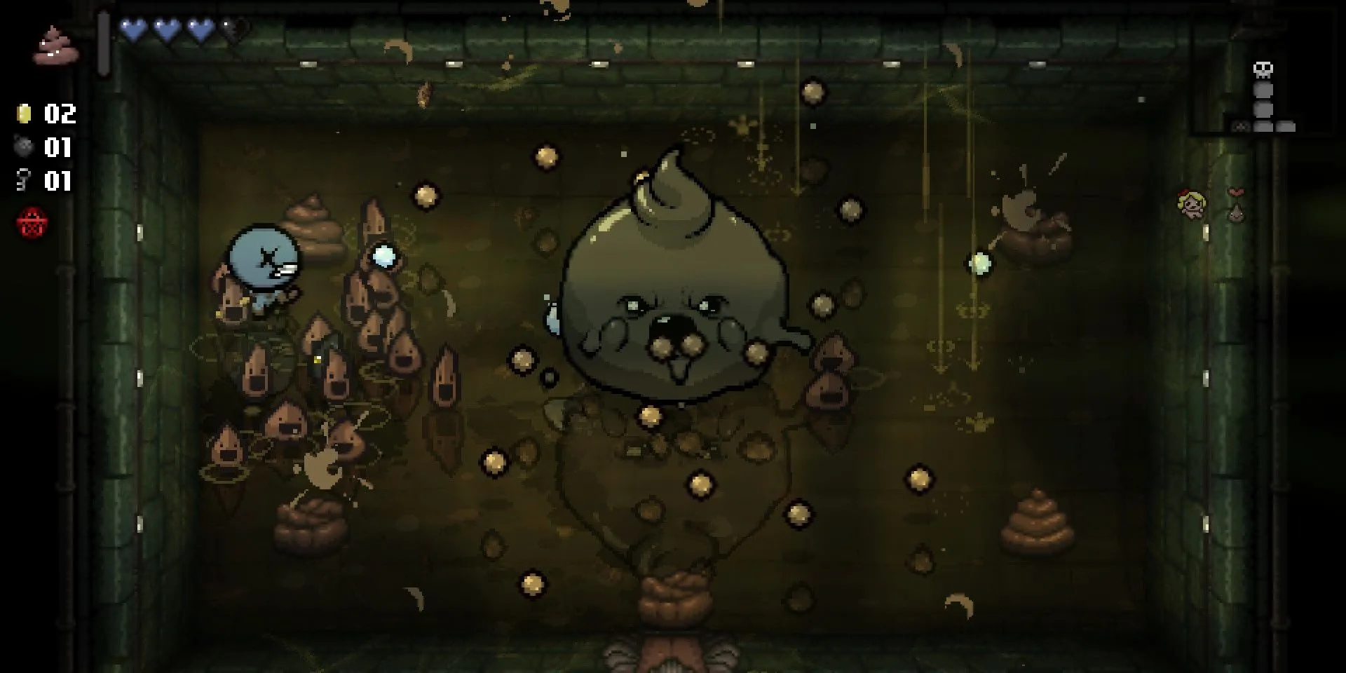 Nhân vật Isaac chiến đấu với một con boss tên Clog, có hình dạng cục phân khổng lồ, trong The Binding of Isaac: Repentance