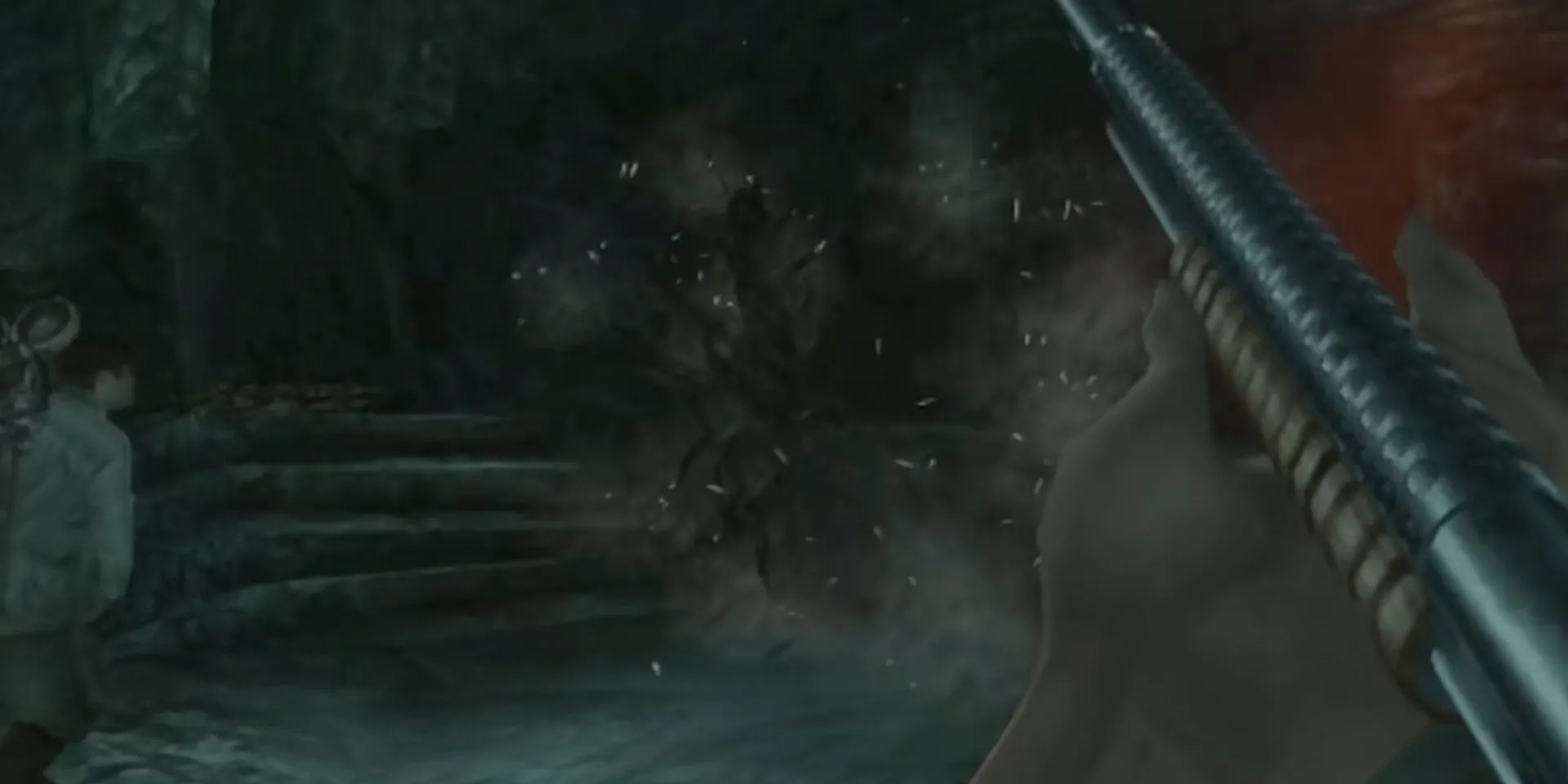 Nhân vật Jack Driscoll chiến đấu với rết khổng lồ trên Đảo Sọ Dừa trong game Peter Jackson's King Kong