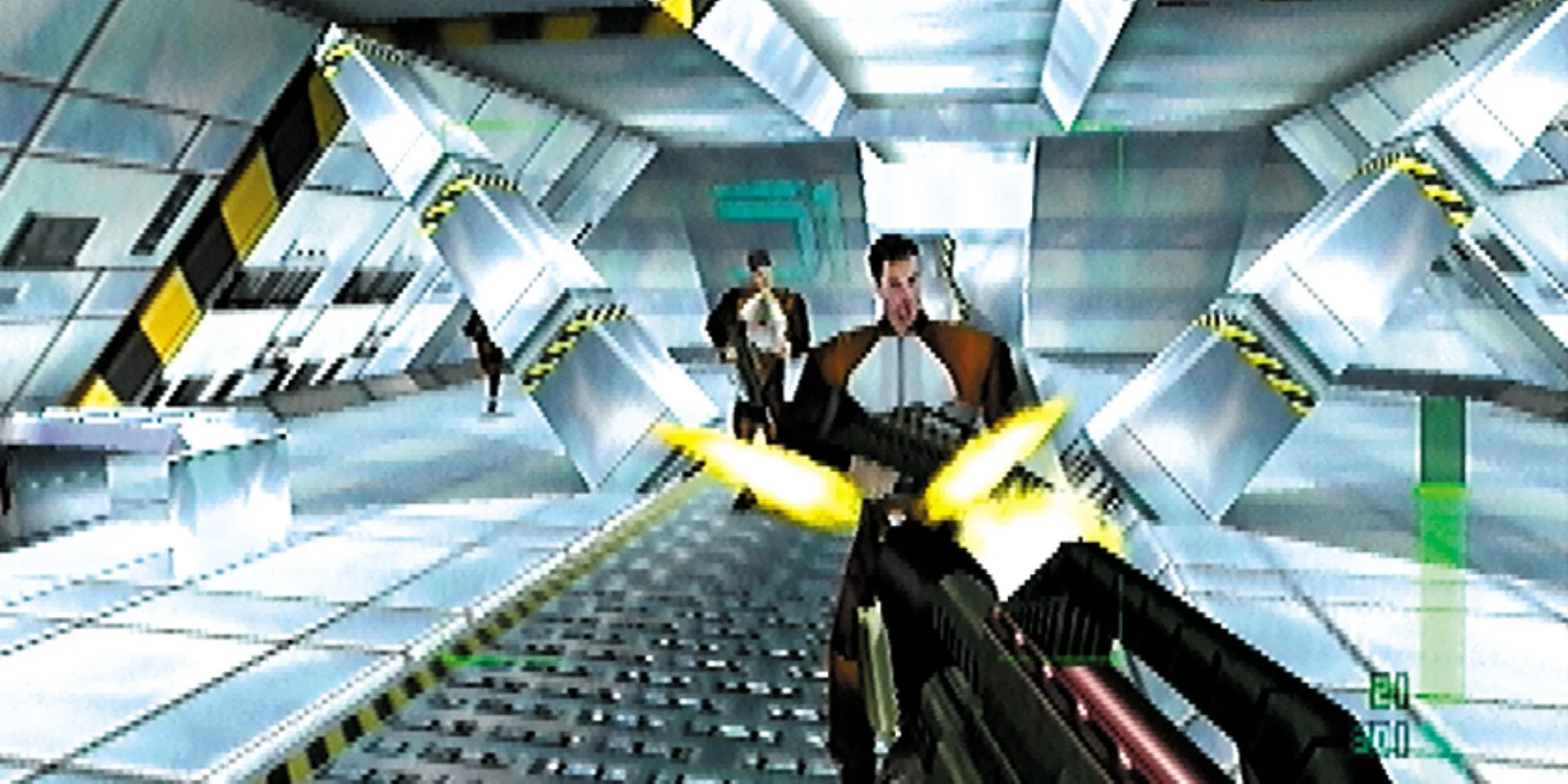 Nhân vật Joanna Dark trong game Perfect Dark trên Nintendo 64 đang hành động