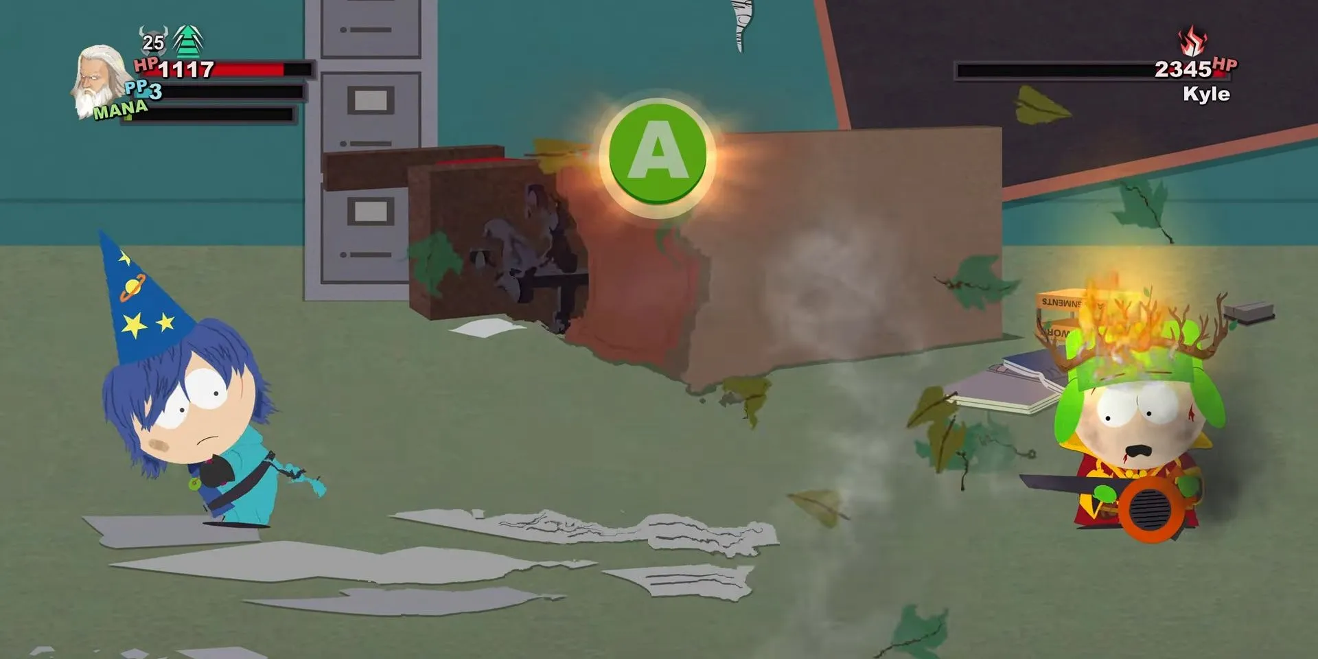 Nhân vật New Kid đang chiến đấu với Kyle trong một trận đánh theo lượt của South Park: The Stick of Truth