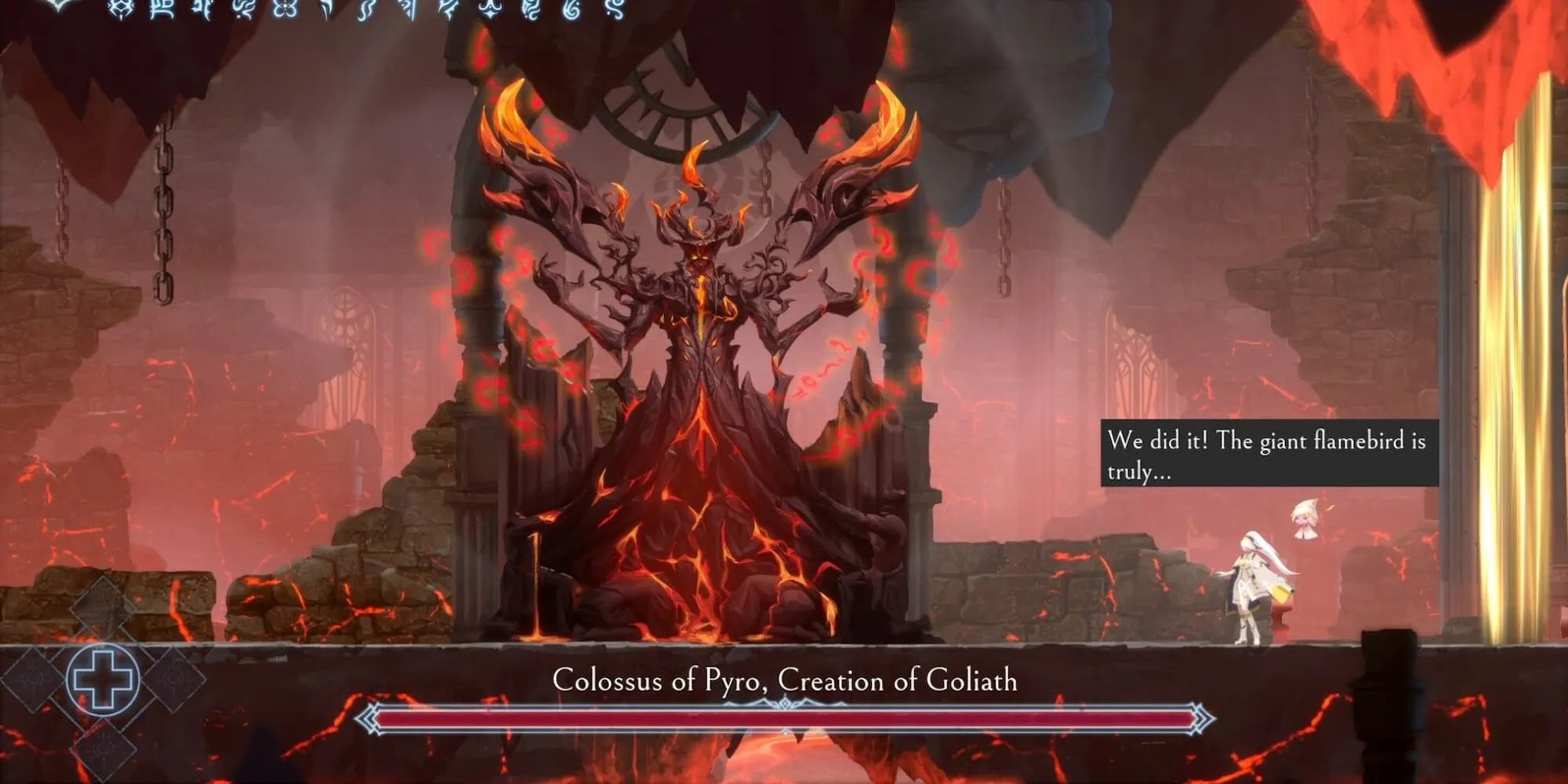 Nhân vật Renee đối đầu boss Colossus of Pyro trong game Metroidvania Souls-lite Afterimage
