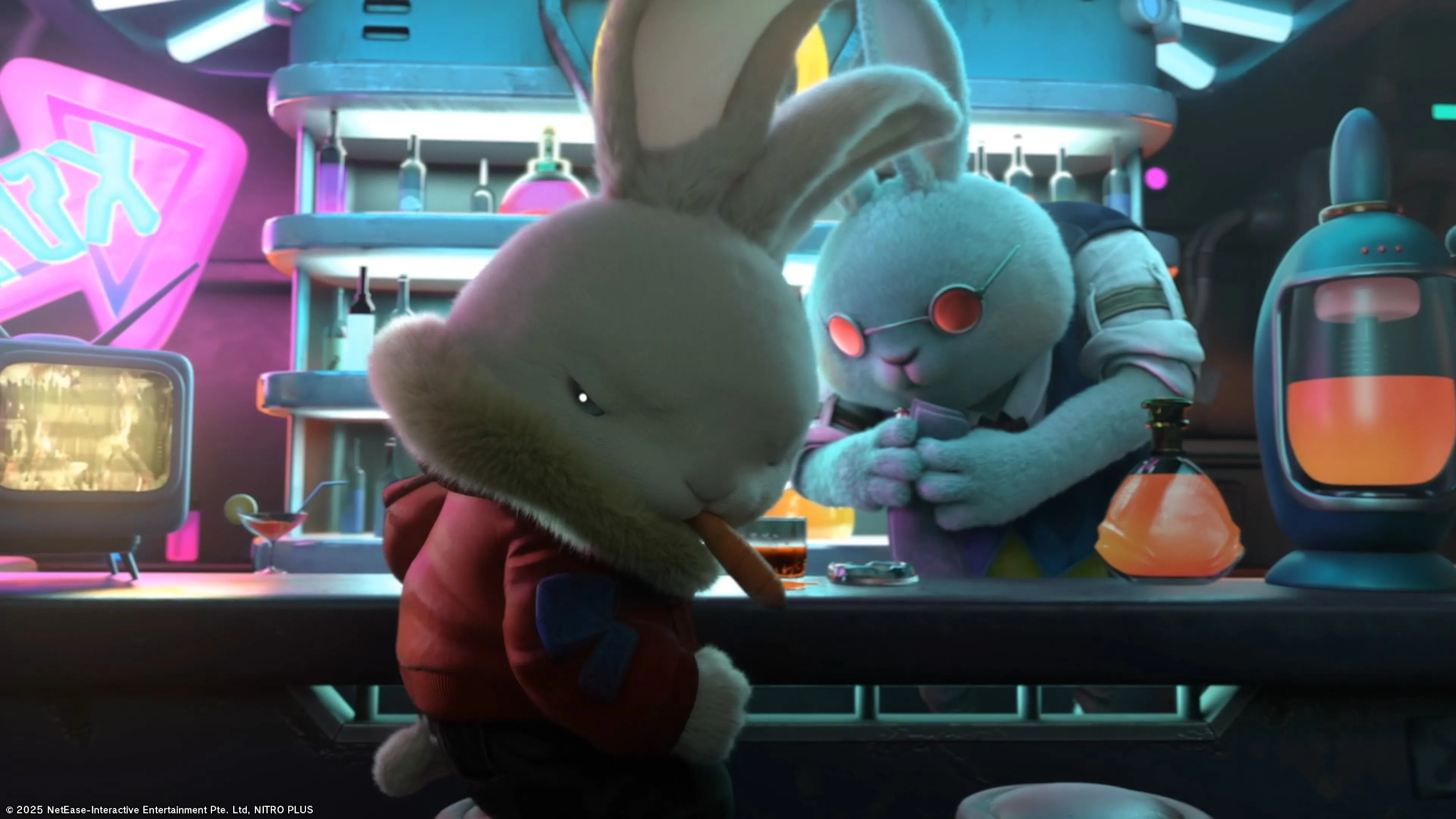 Nhân vật Rusty trong một quán bar đậm chất game Rusty Rabbit, nơi nhận nhiệm vụ phụ